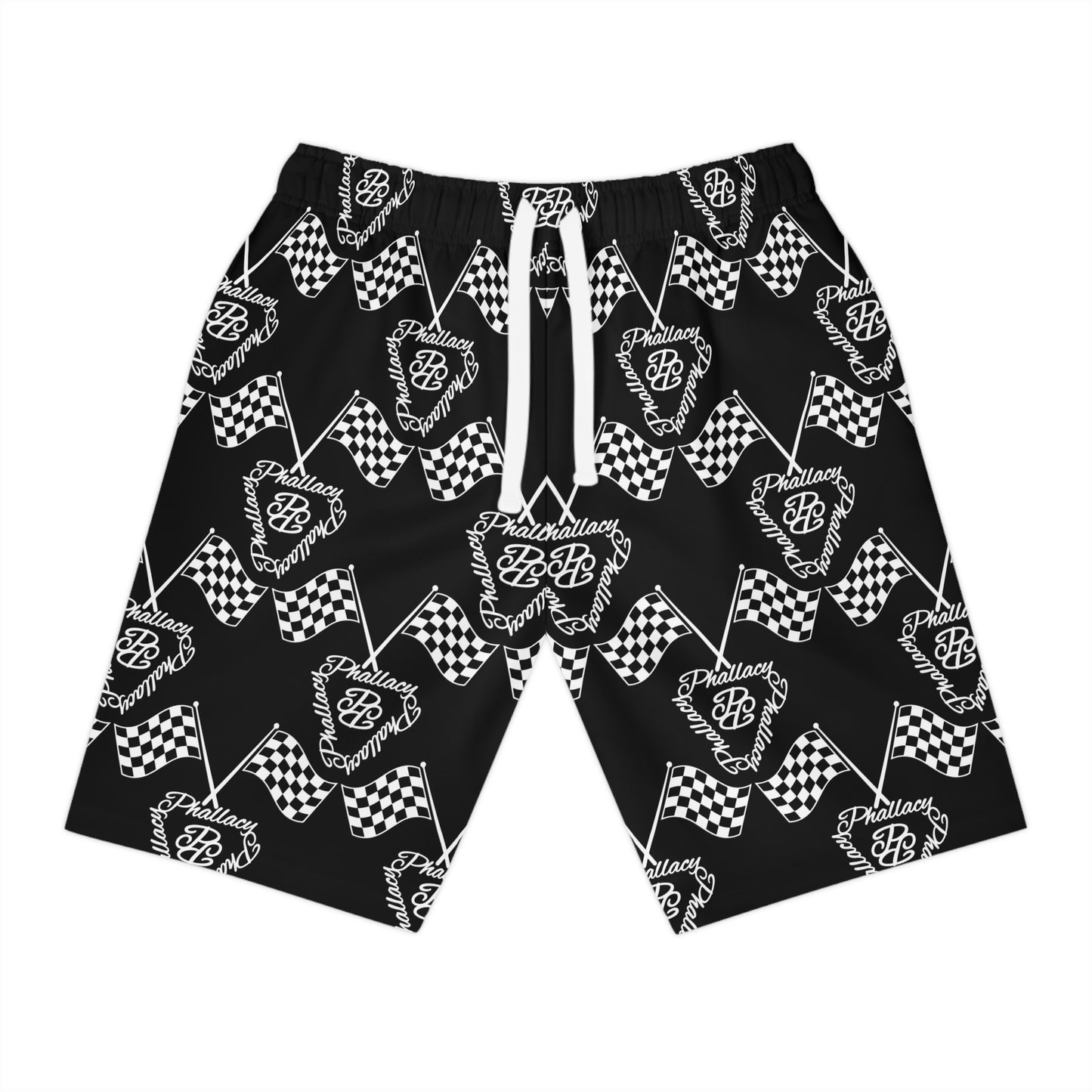 Black designer men's athletic shorts featuring a stylish checkered flag pattern