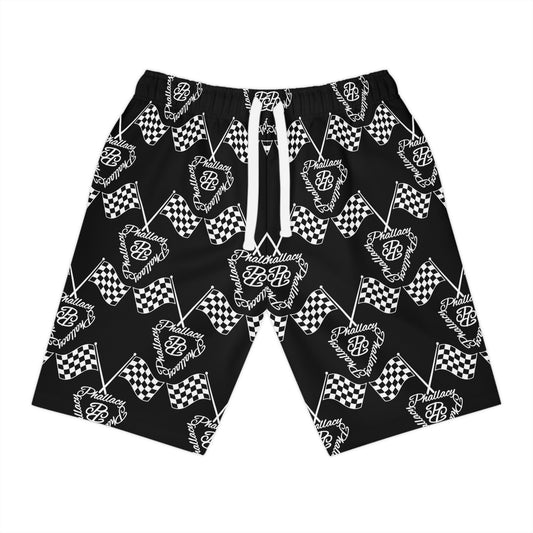 Black designer men's athletic shorts featuring a stylish checkered flag pattern