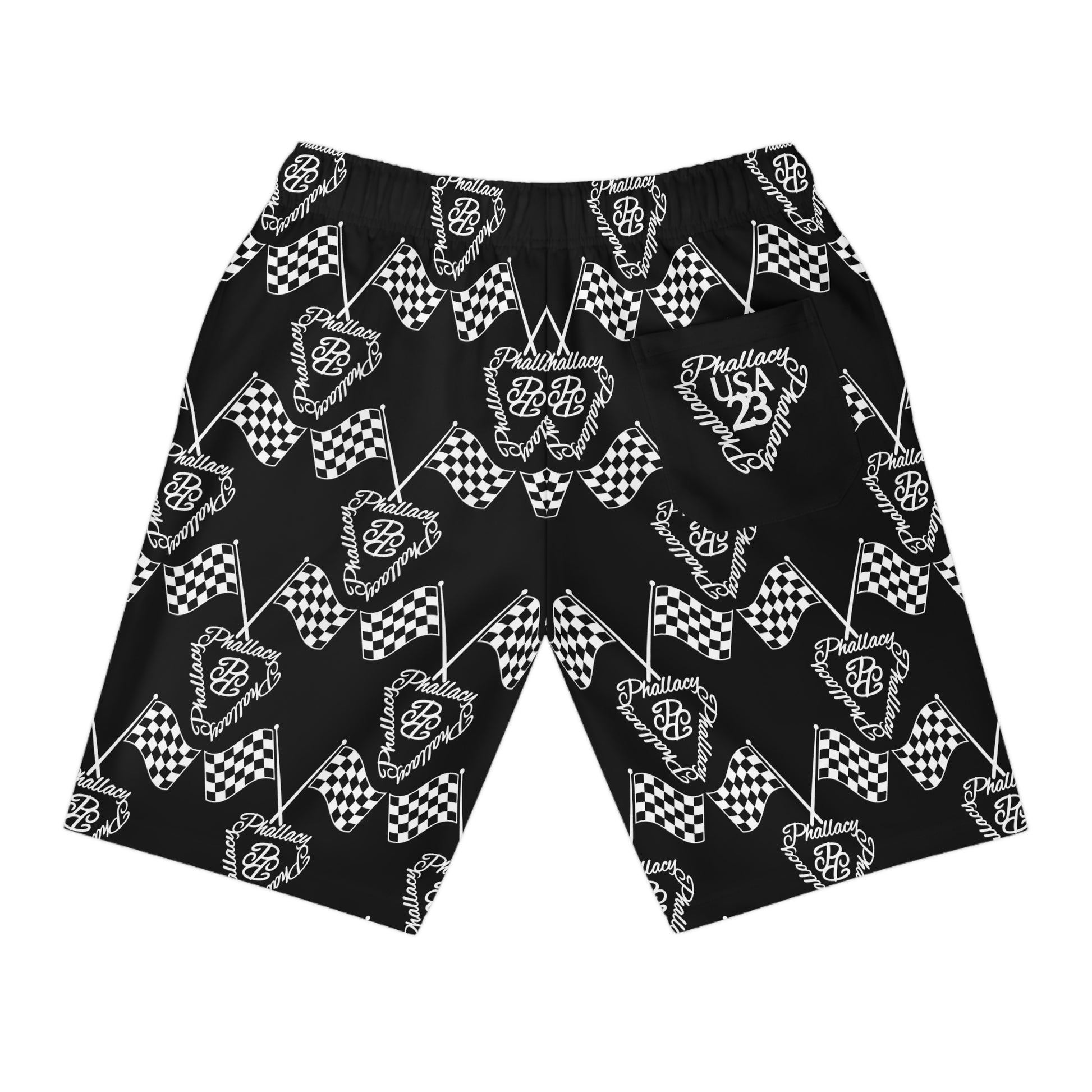 Designer men's athletic shorts with checkered flag pattern and logo from Printify