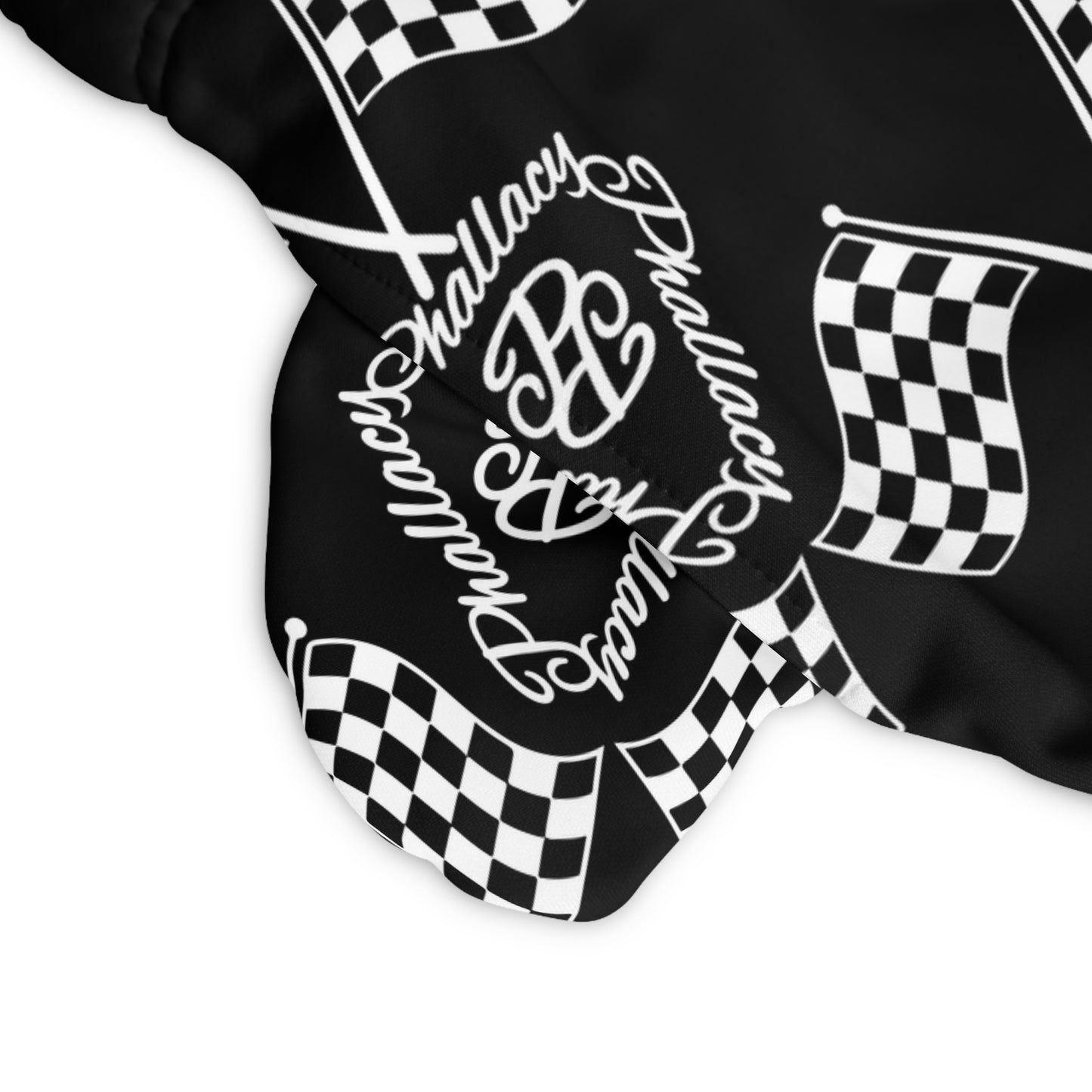 Designer men's athletic shorts featuring an all-over print of racing flags in black and white