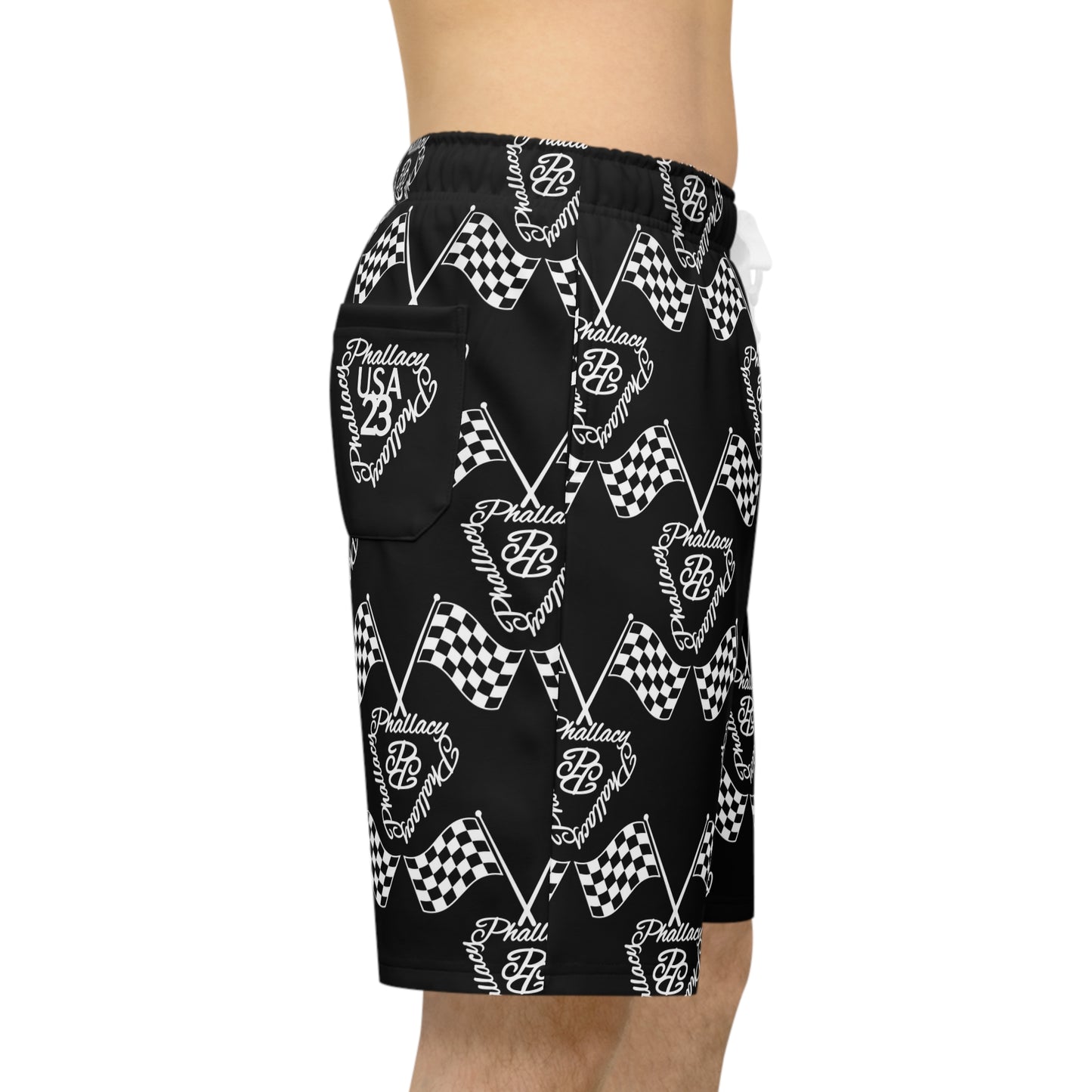 Designer men's athletic shorts with all over print featuring racing patterns in black and white