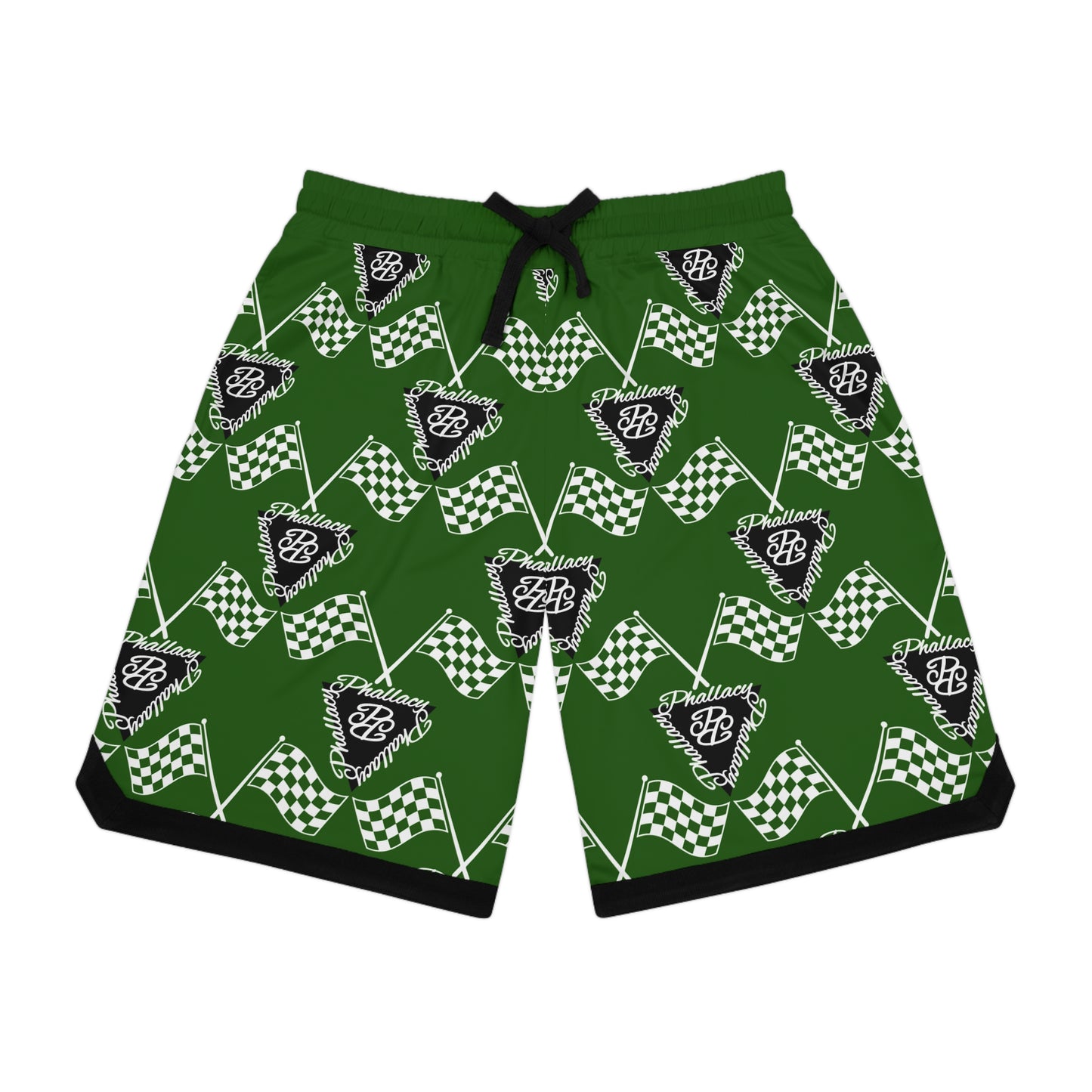 Green designer men's basketball shorts with all over print of checkered flags and logo