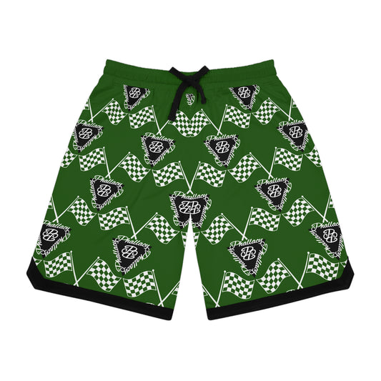 Green designer men's basketball shorts with all over print of checkered flags and logo