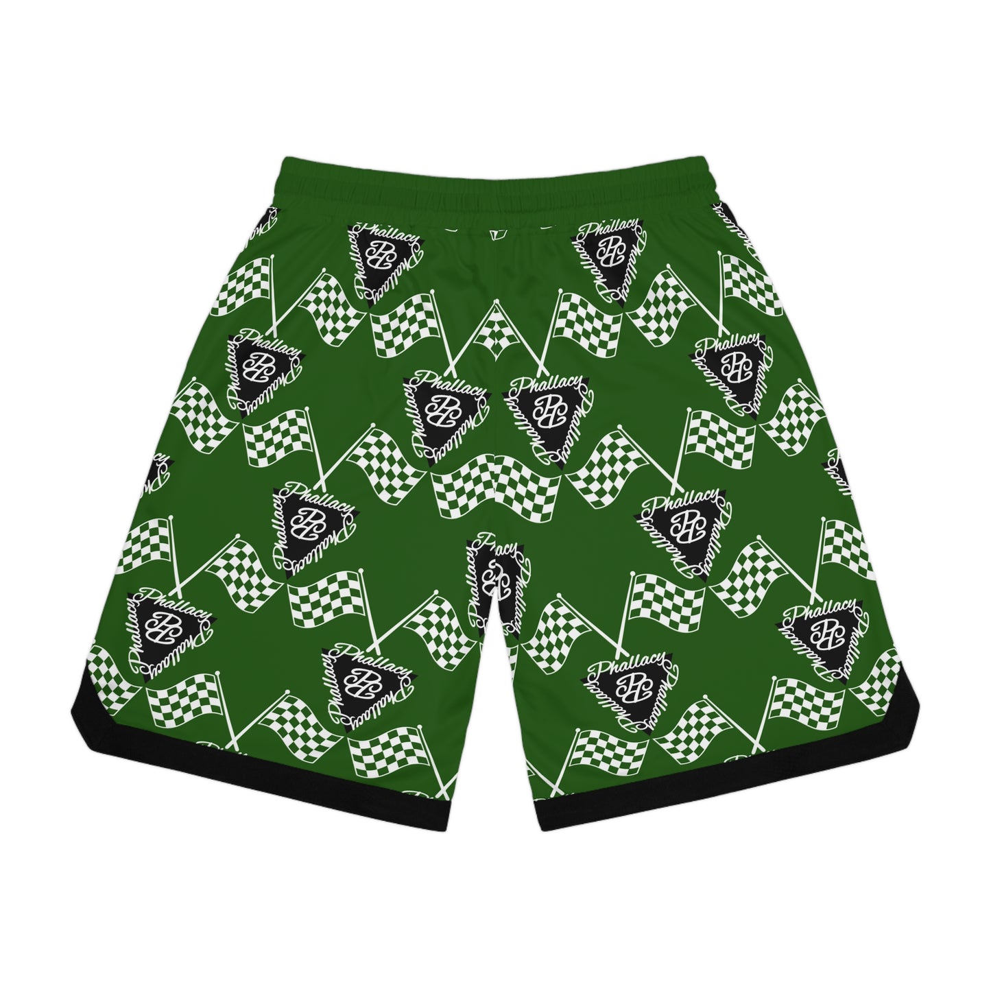 Designer men's basketball shorts with green all-over print featuring checkered flags and logos