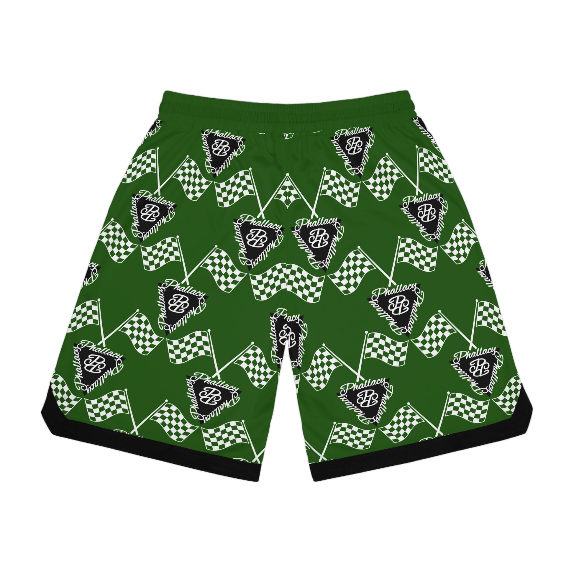 Designer men's basketball shorts with green all-over print featuring checkered flags and logos