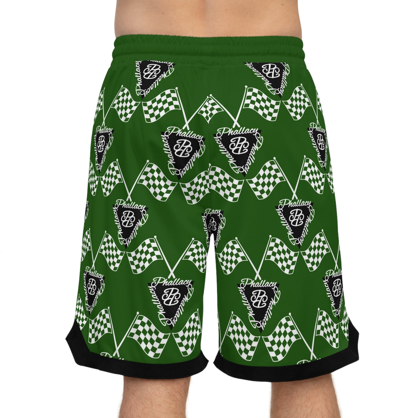 Green designer men's basketball shorts with checkered flag pattern for stylish athletic wear