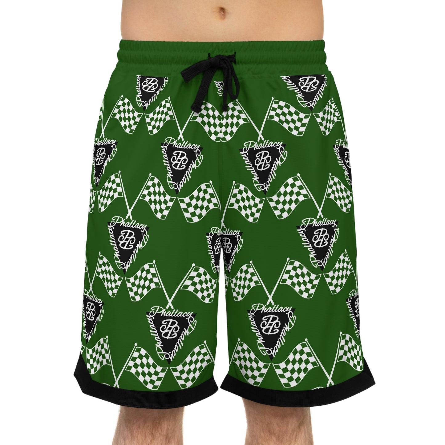 Green designer men's basketball shorts featuring a flag pattern, perfect for sports and casual wear