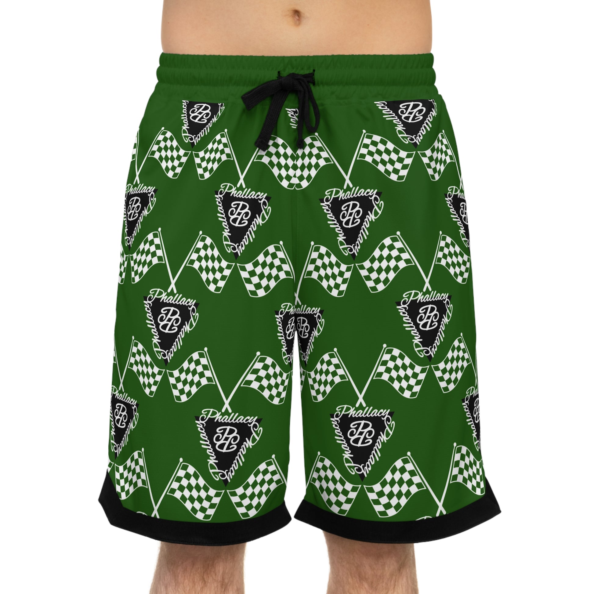 Green designer men's basketball shorts featuring a flag pattern, perfect for sports and casual wear