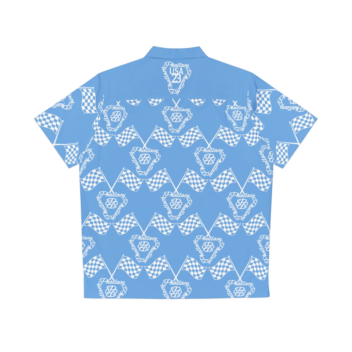 Blue designer men's button-up shirt with all over checkerboard prints for casual wear