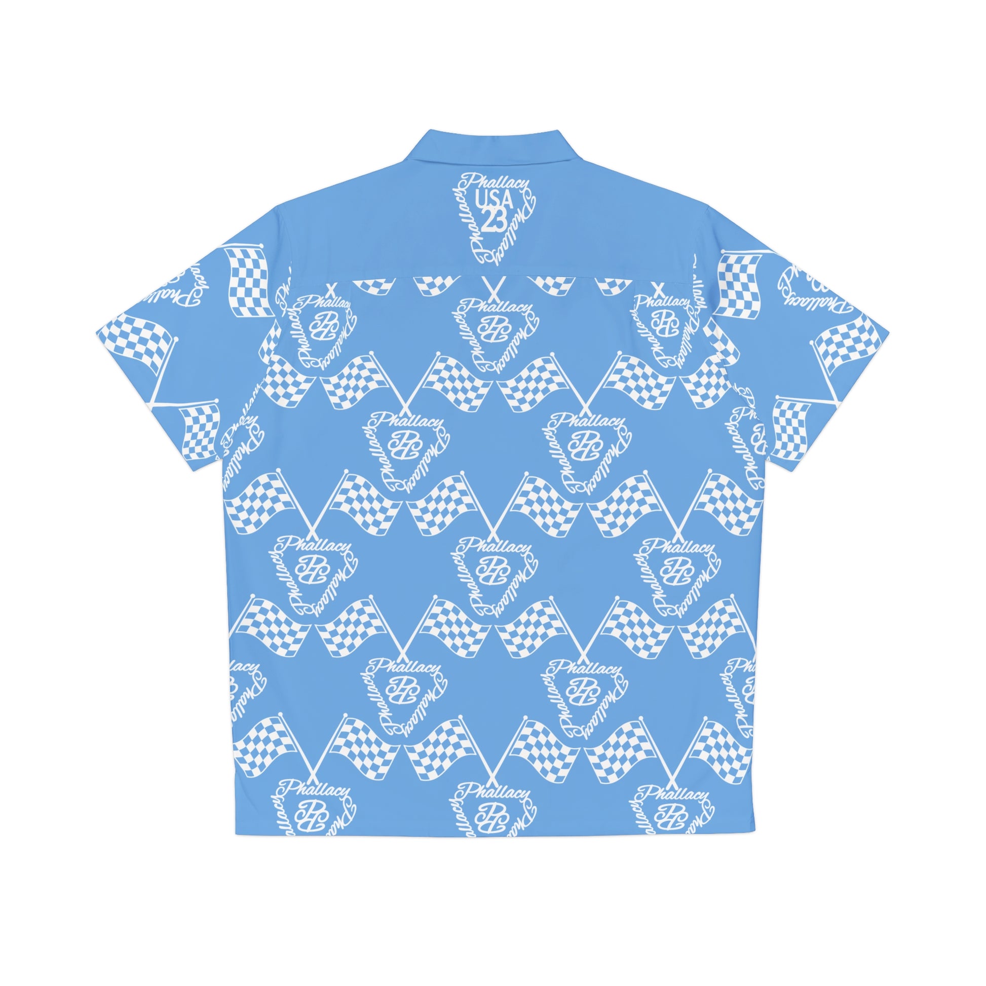 Blue designer men's button-up shirt with all over checkerboard prints for casual wear