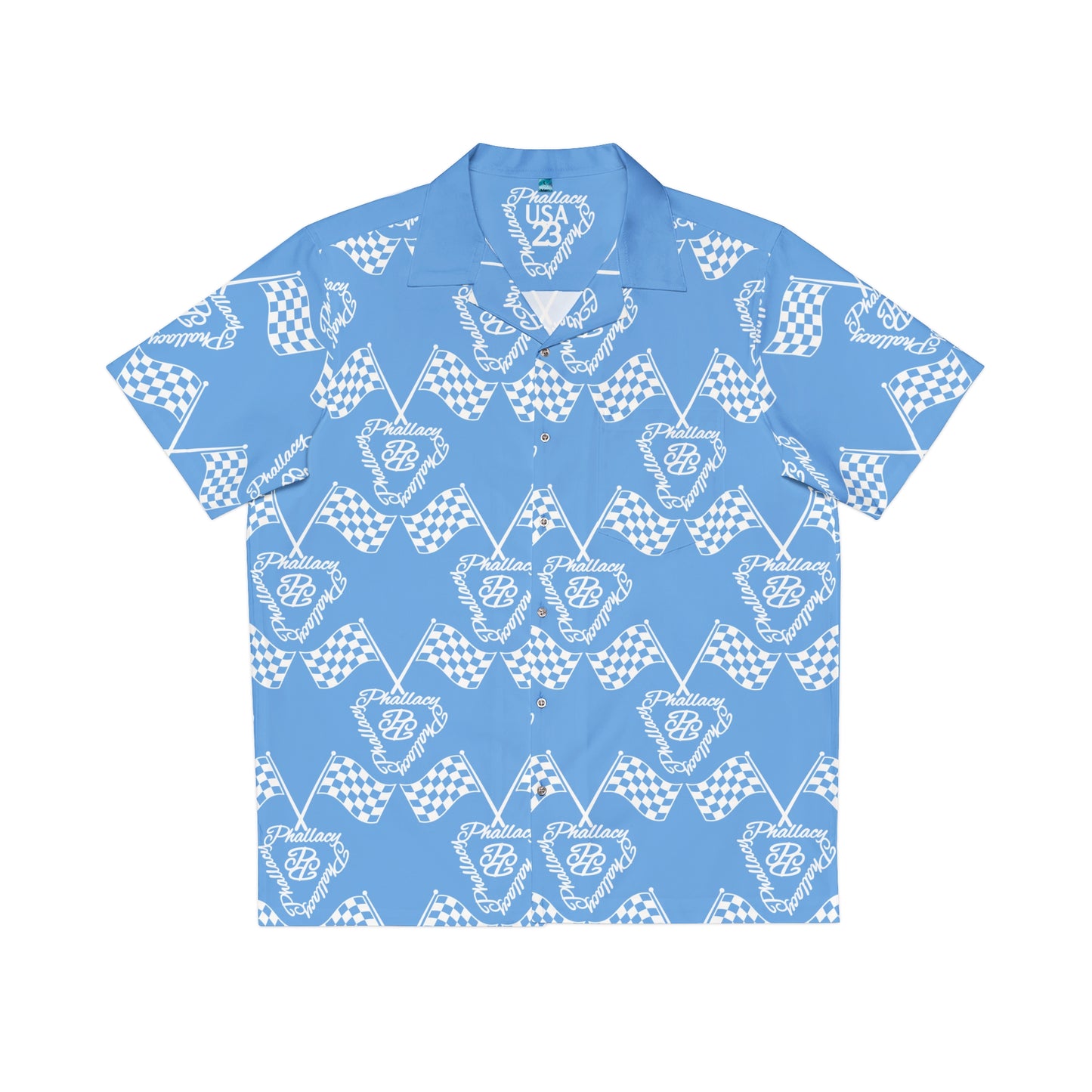 Designer men's button-up shirt in blue with a unique all over print and classic collar style.