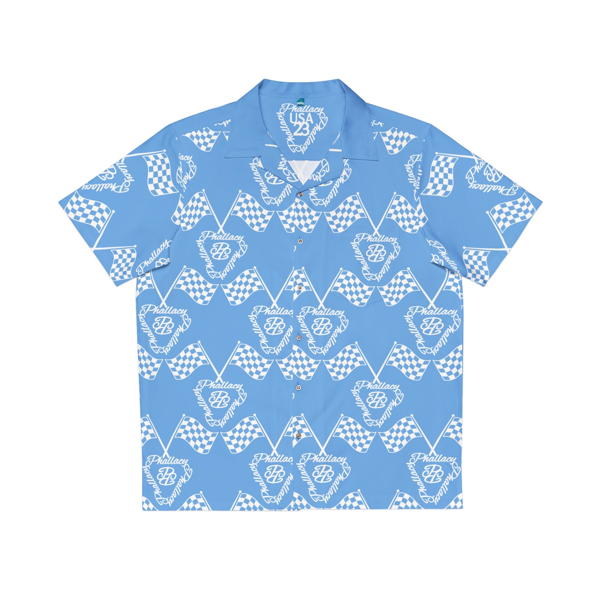 Designer men's button-up shirt in blue with a unique all over print and classic collar style.
