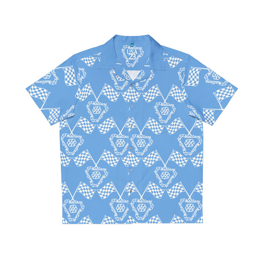 Designer men's button-up shirt in blue with a unique all over print and classic collar style.