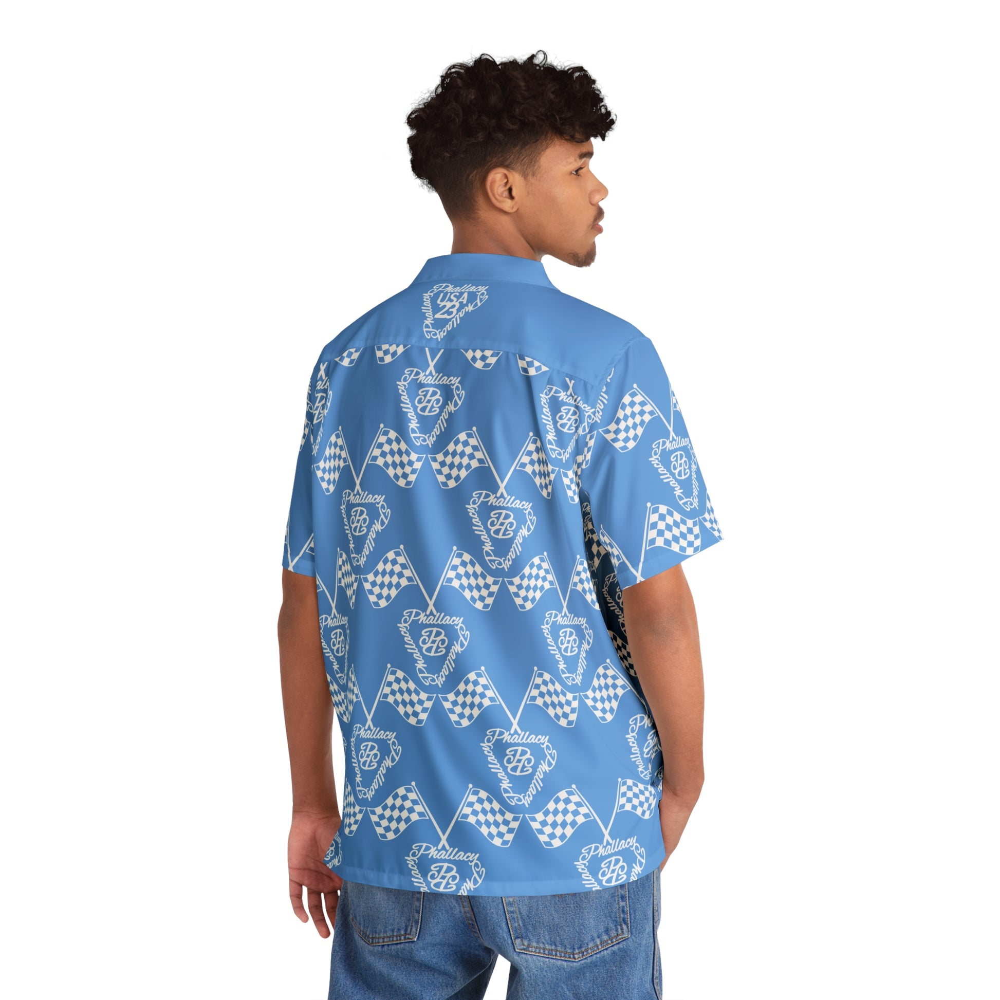 Men's designer button-up shirt with all-over print in blue featuring racing flags