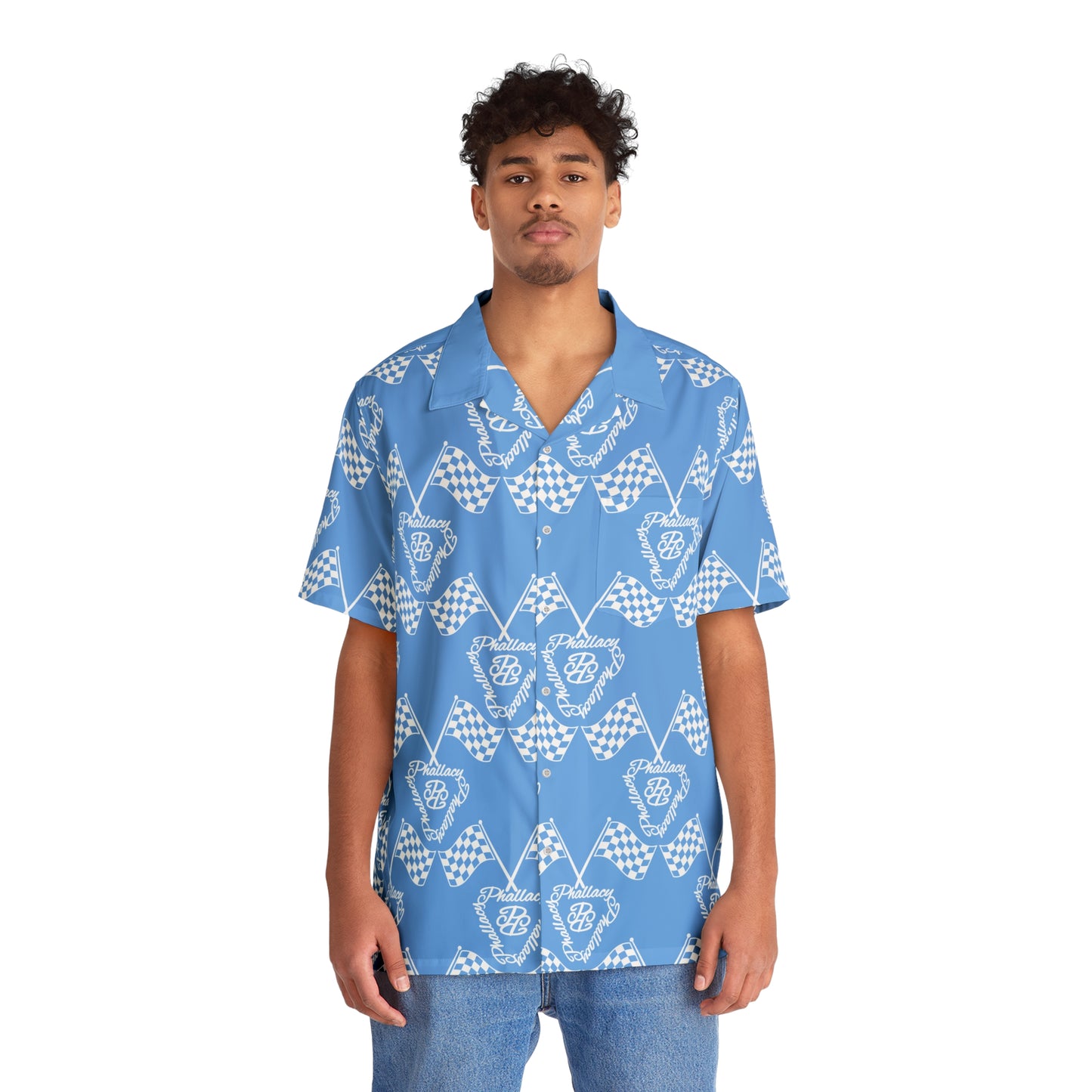 Stylish designer men's button-up shirt with a blue and white all over print pattern