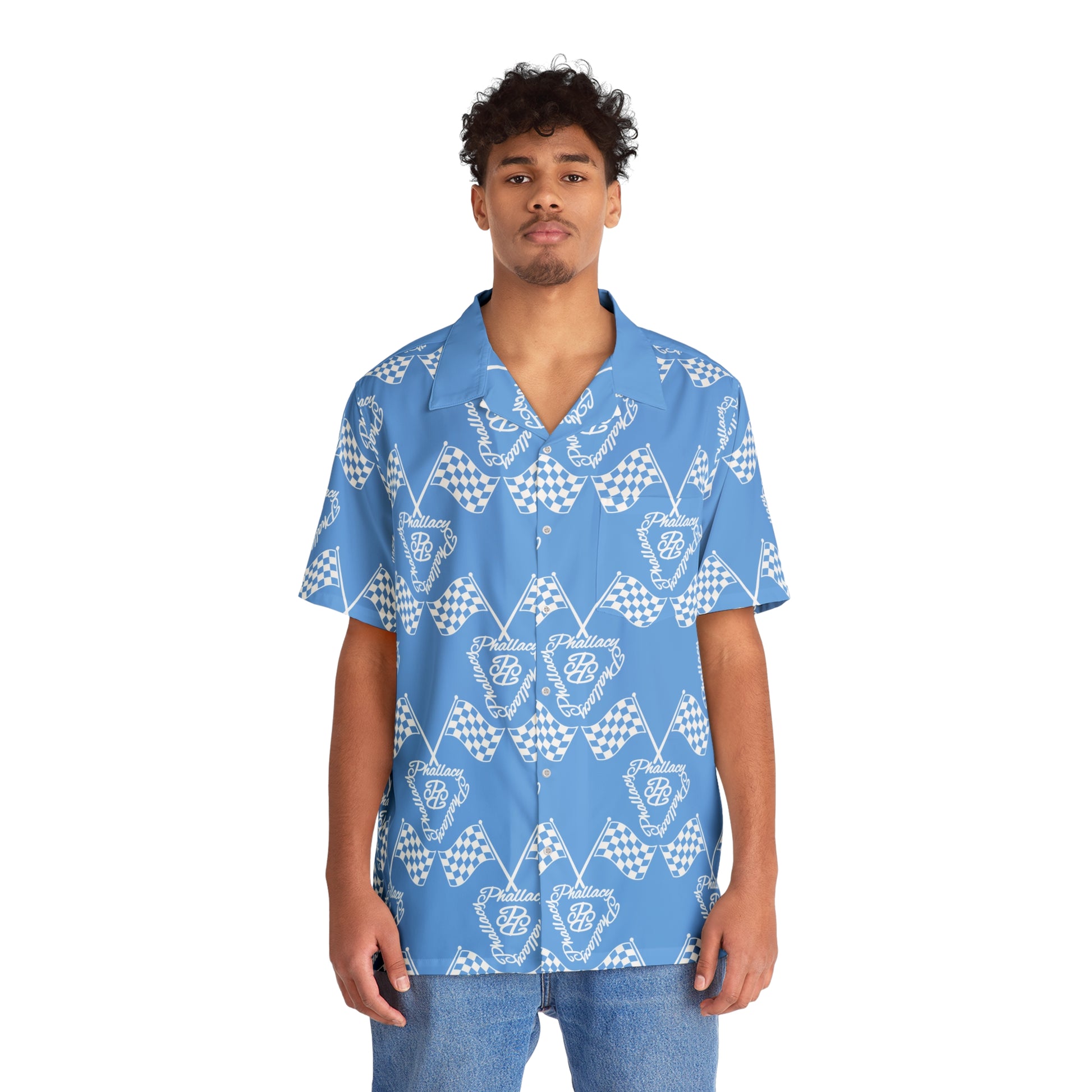 Stylish designer men's button-up shirt with a blue and white all over print pattern