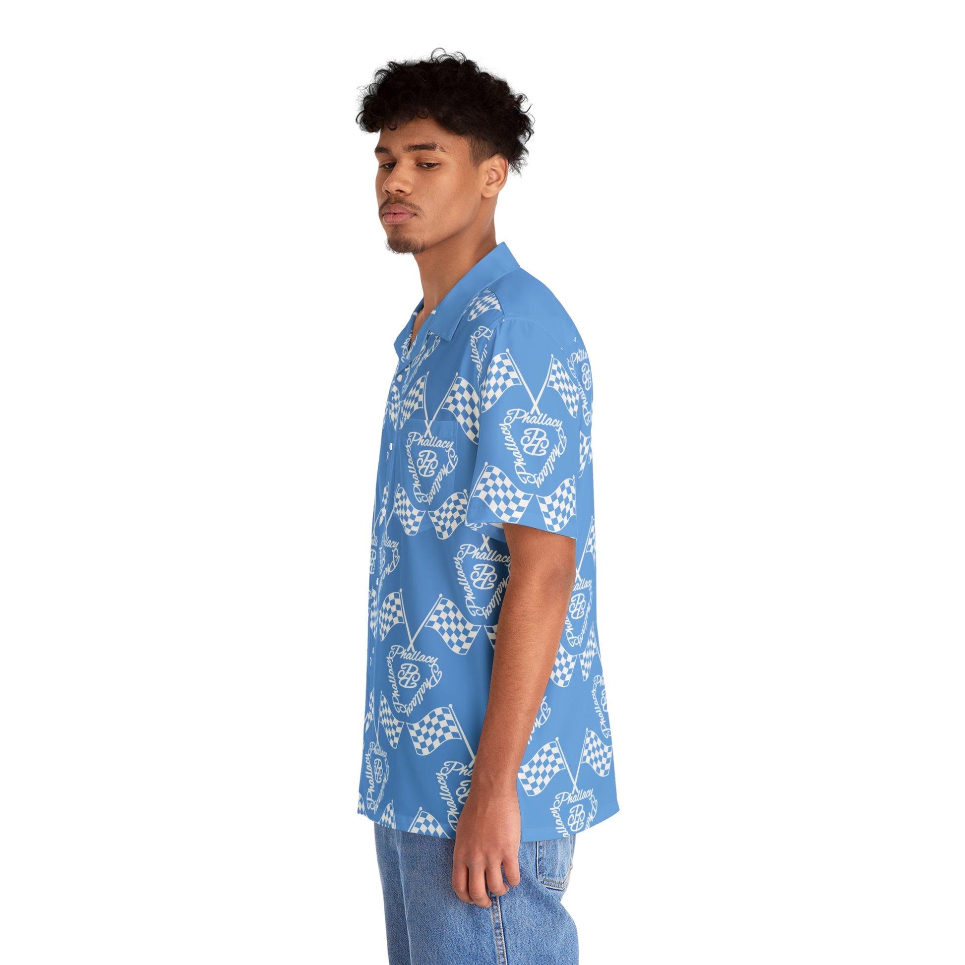 Designer men's button-up shirt with blue and white all over print featuring geometric patterns