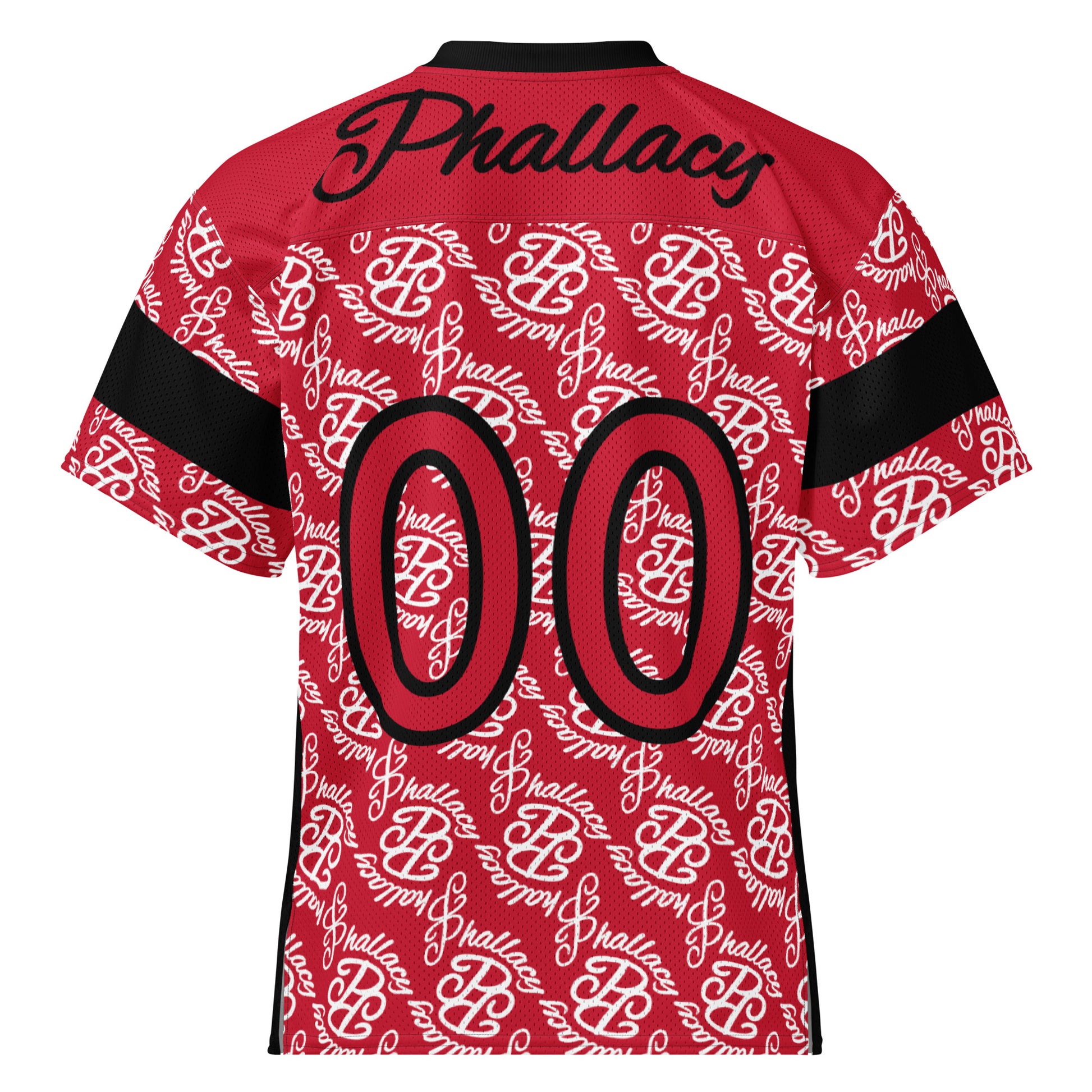 Designer men's football jersey with an all over print in red and black pattern featuring bold graphics