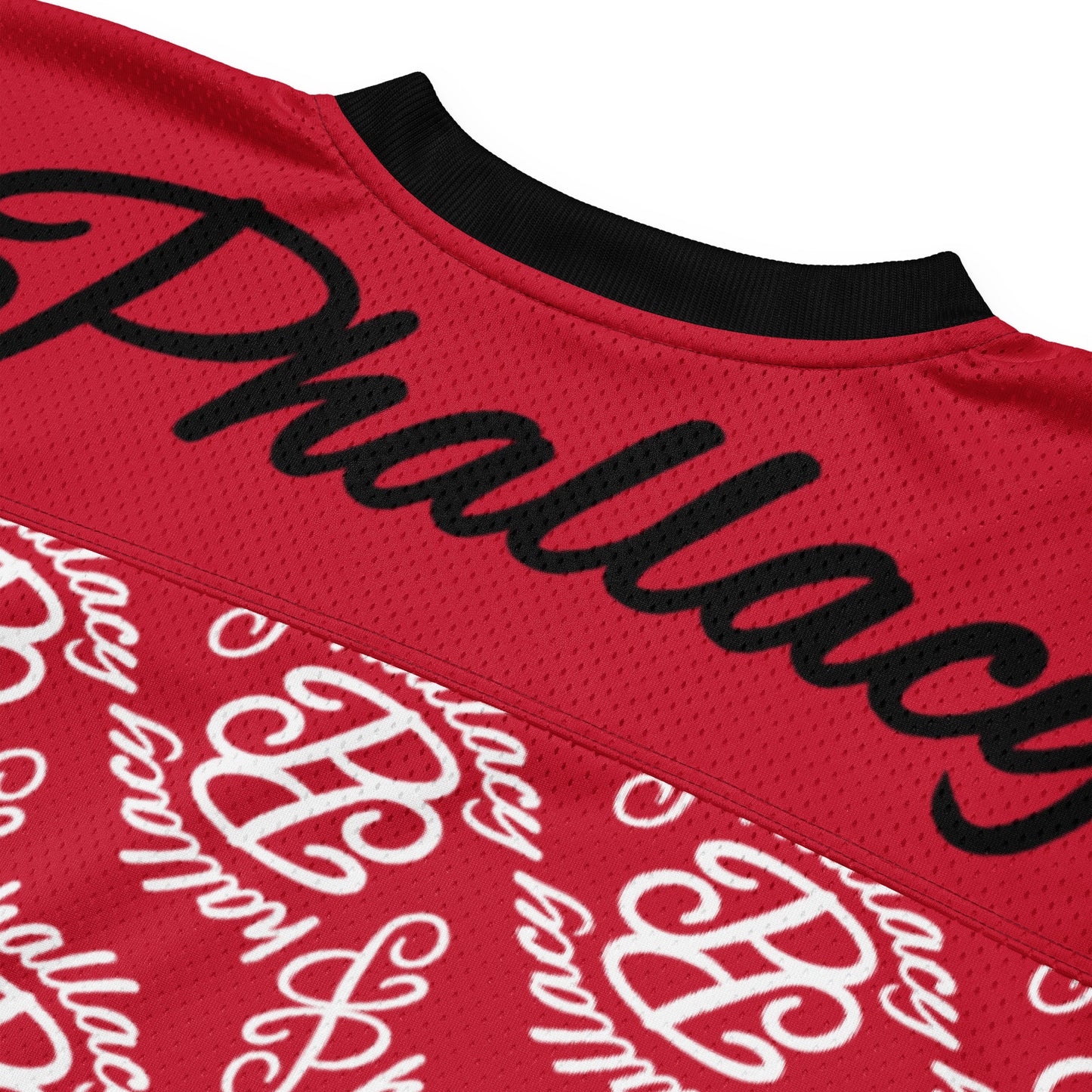 Red designer men's football jersey featuring stylish all over prints and unique branding on the back
