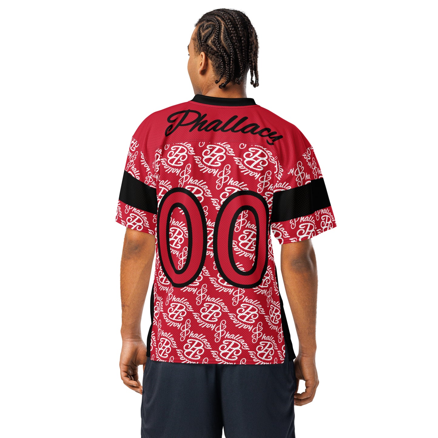 Designer men's football jersey featuring a bold all-over print in red and black colors