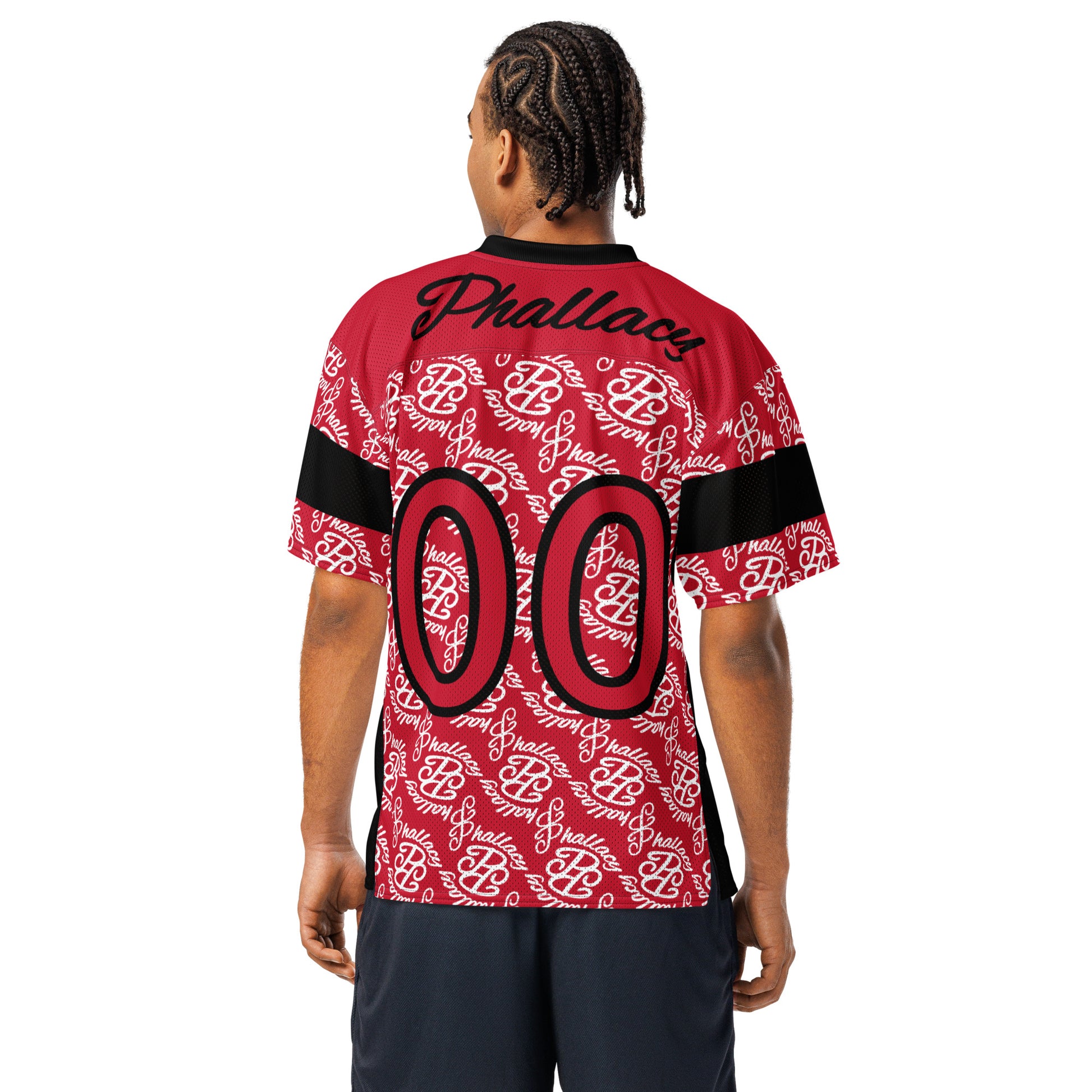 Designer men's football jersey featuring a bold all-over print in red and black colors