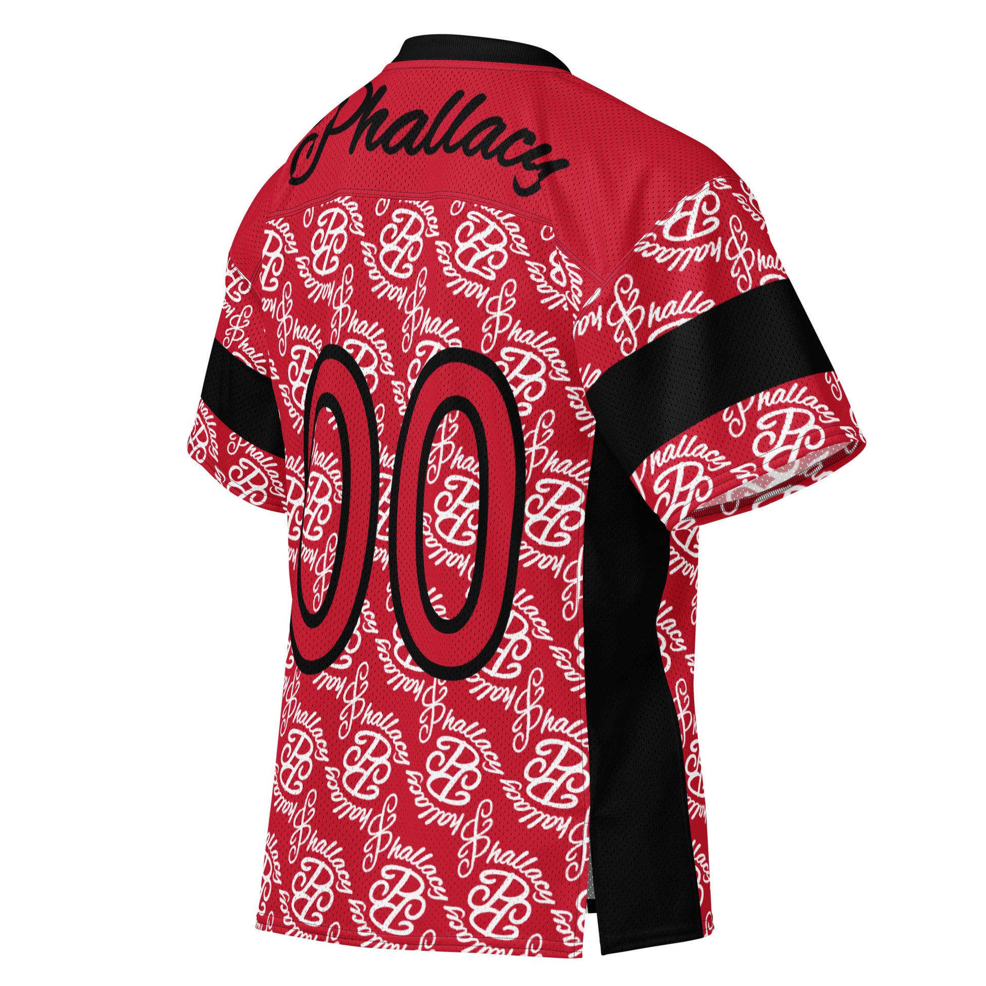 Red designer men's football jersey with all over print and bold black lettering on the back