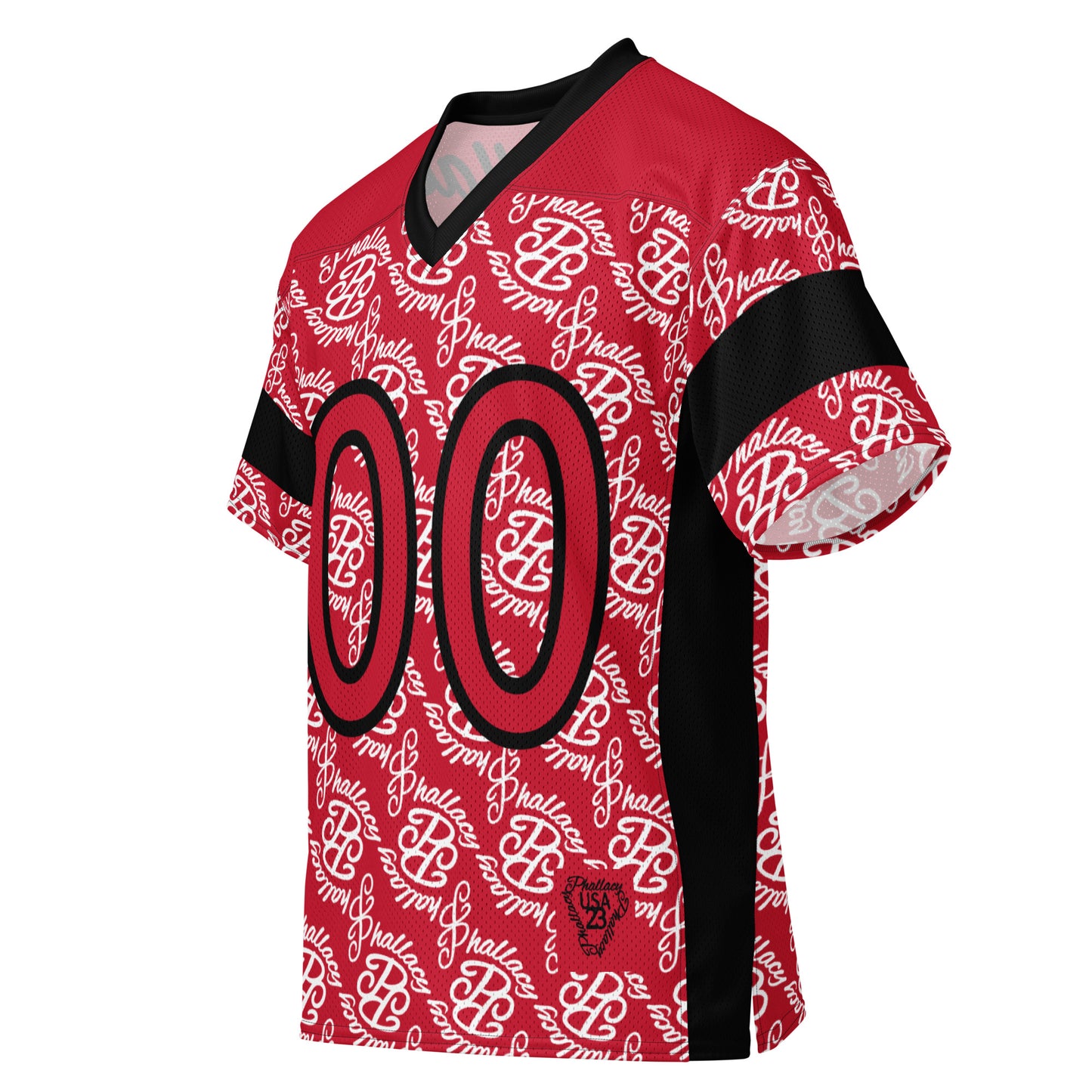 Designer men's football jersey in red with all over print featuring bold graphics and a comfortable fit