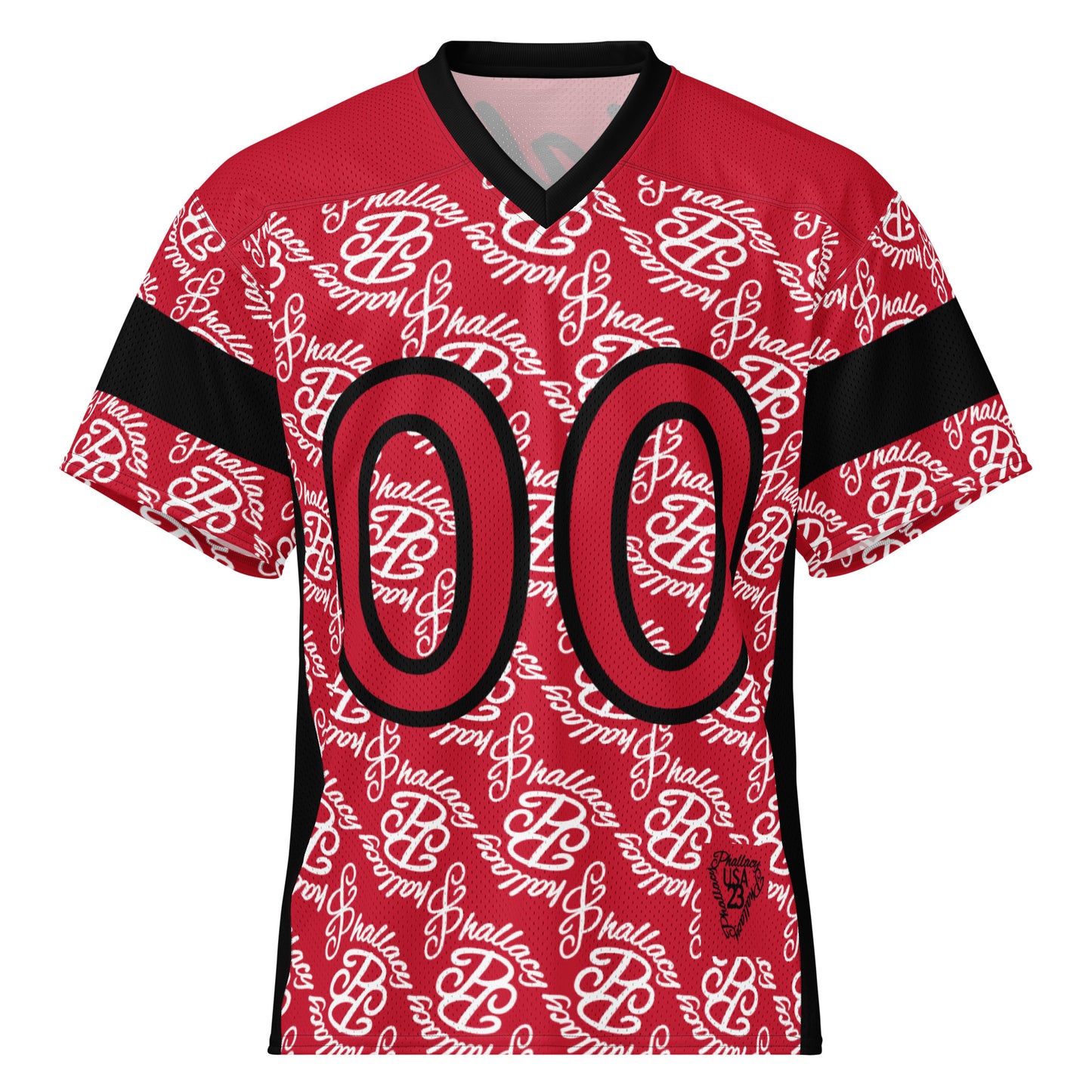 Designer men's football jersey in red with all over prints and bold 00 numbers