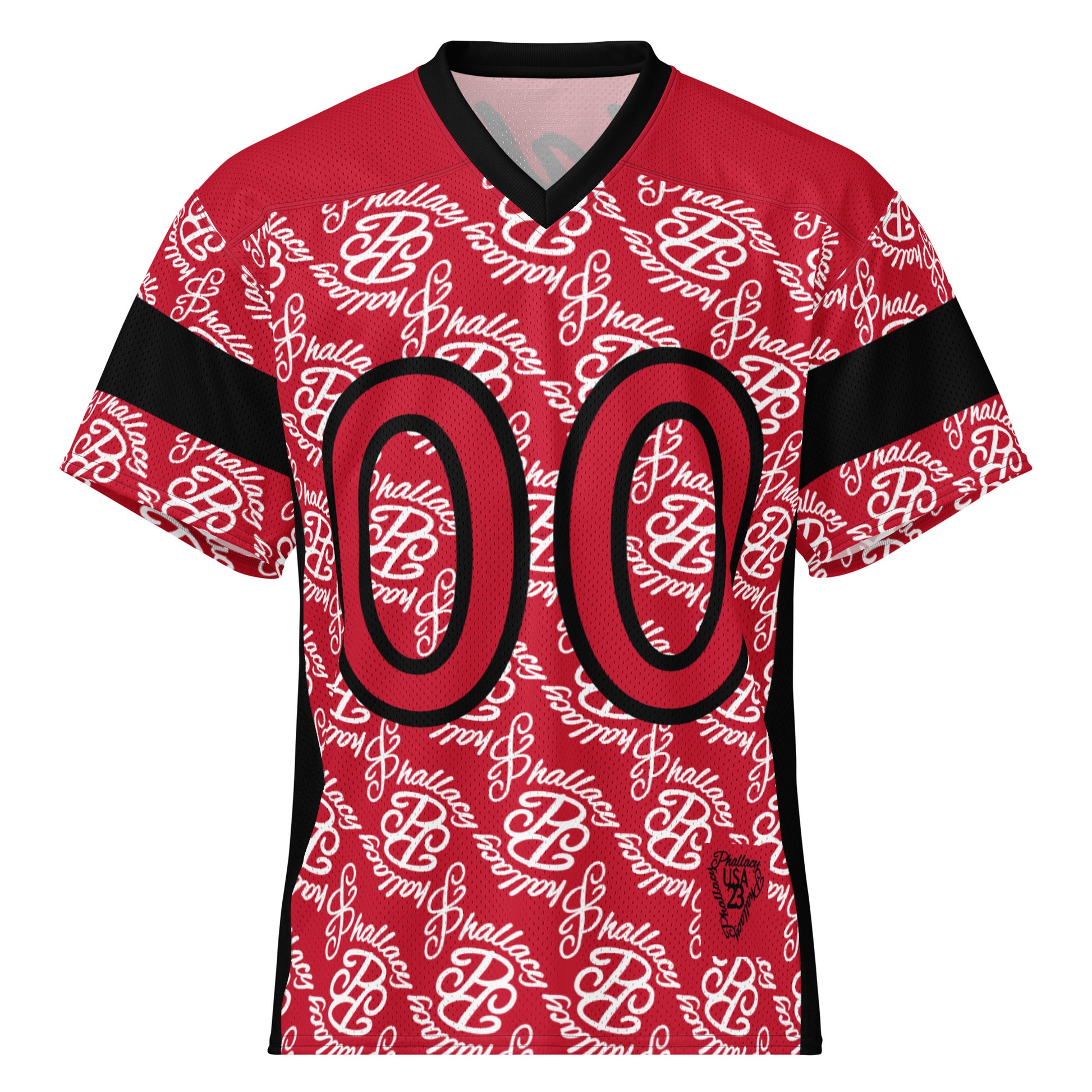 Designer men's football jersey in red with all over prints and bold 00 numbers