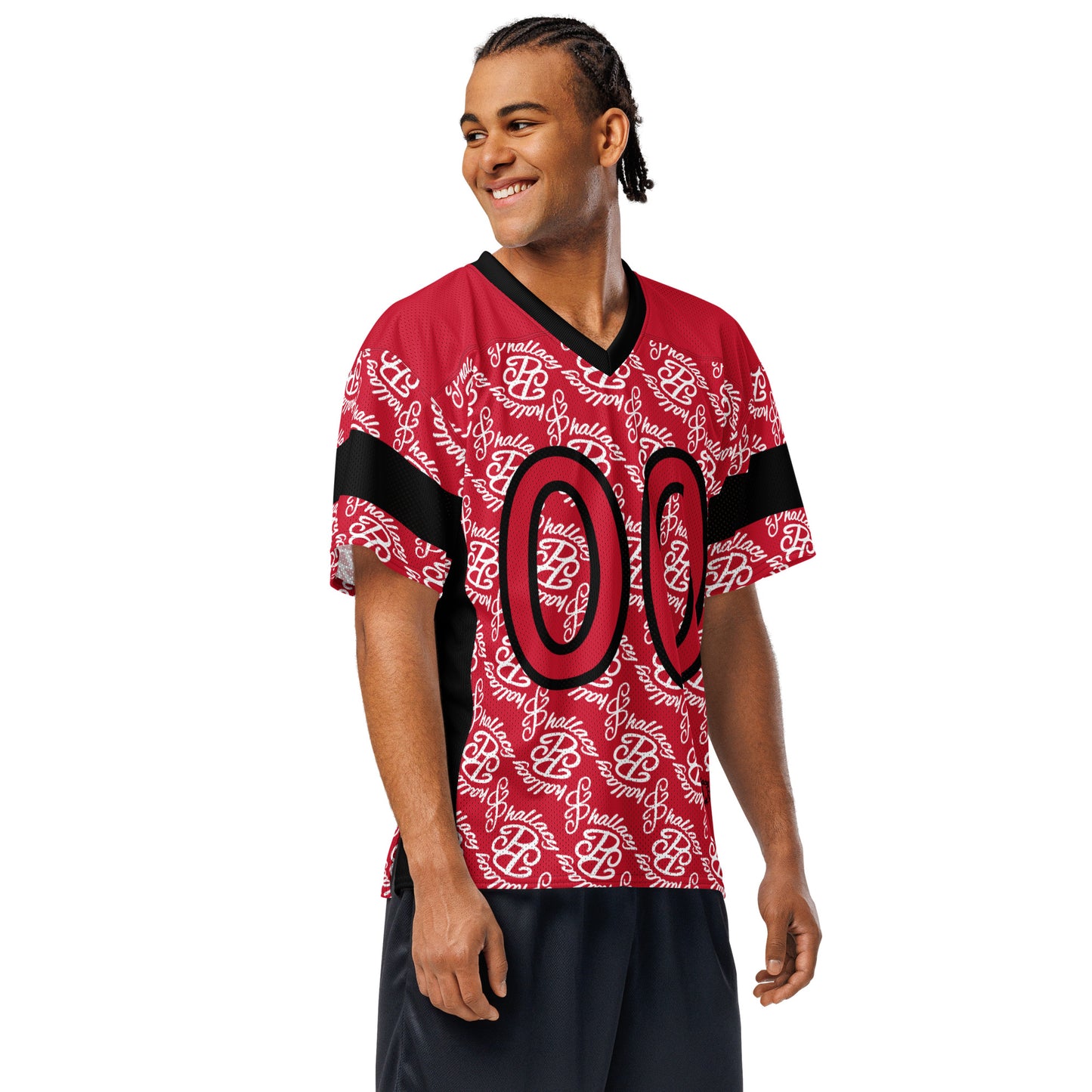 Stylish designer men's football jersey in red with unique all-over print pattern for sporty casual wear