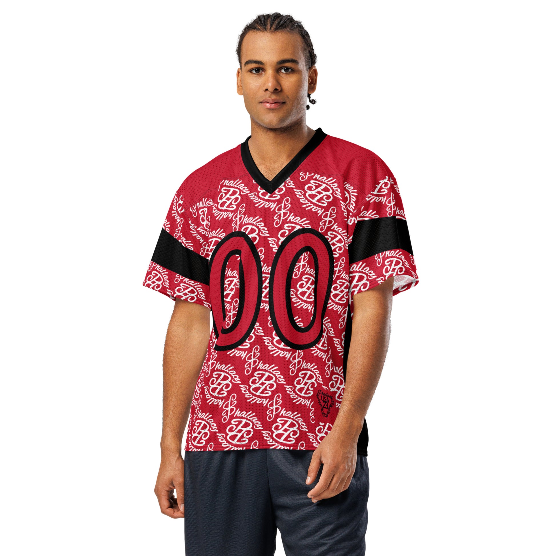 Stylish designer men's football jersey in red with bold graphic prints for a standout look