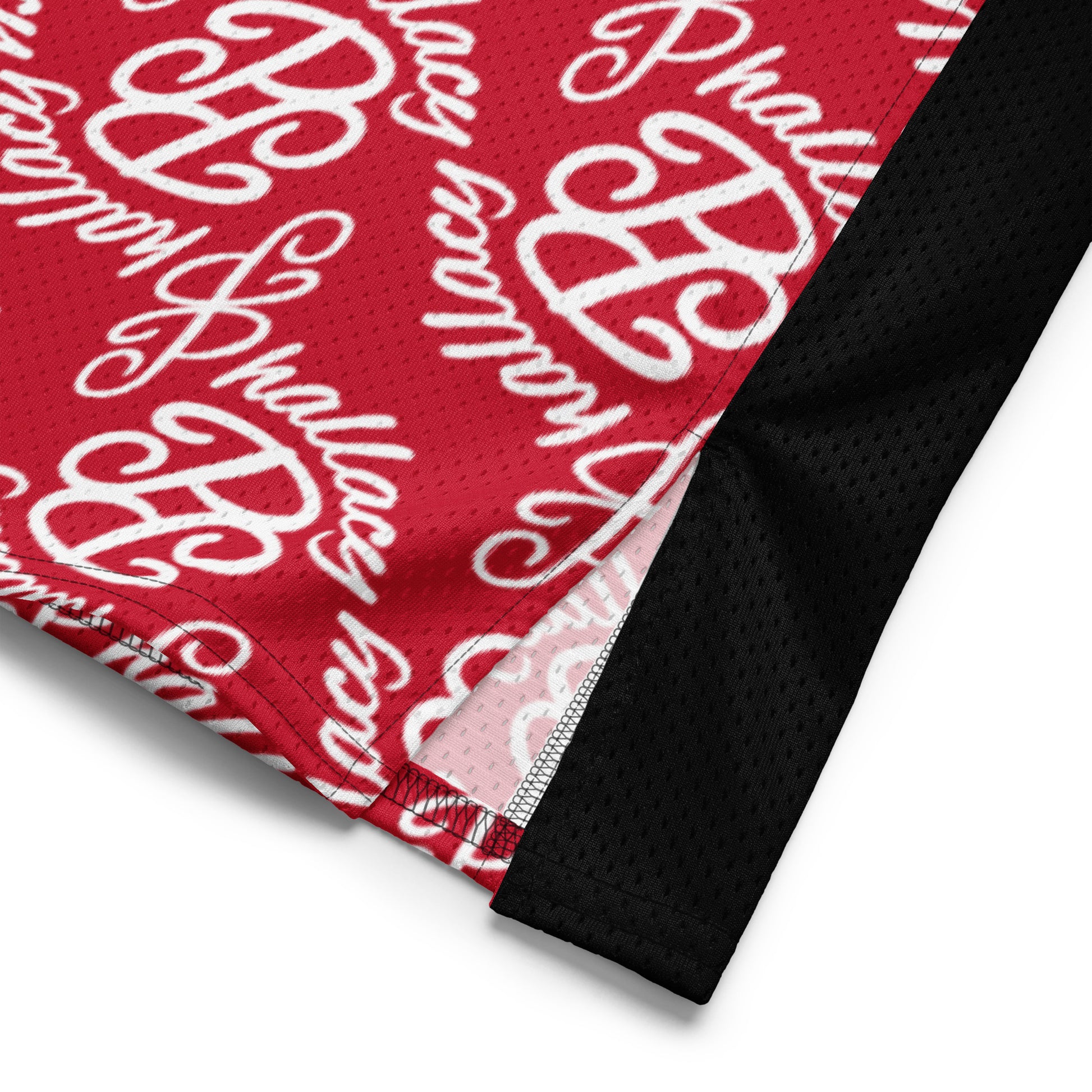 Close-up of a designer men's football jersey featuring an all over print design in red and black