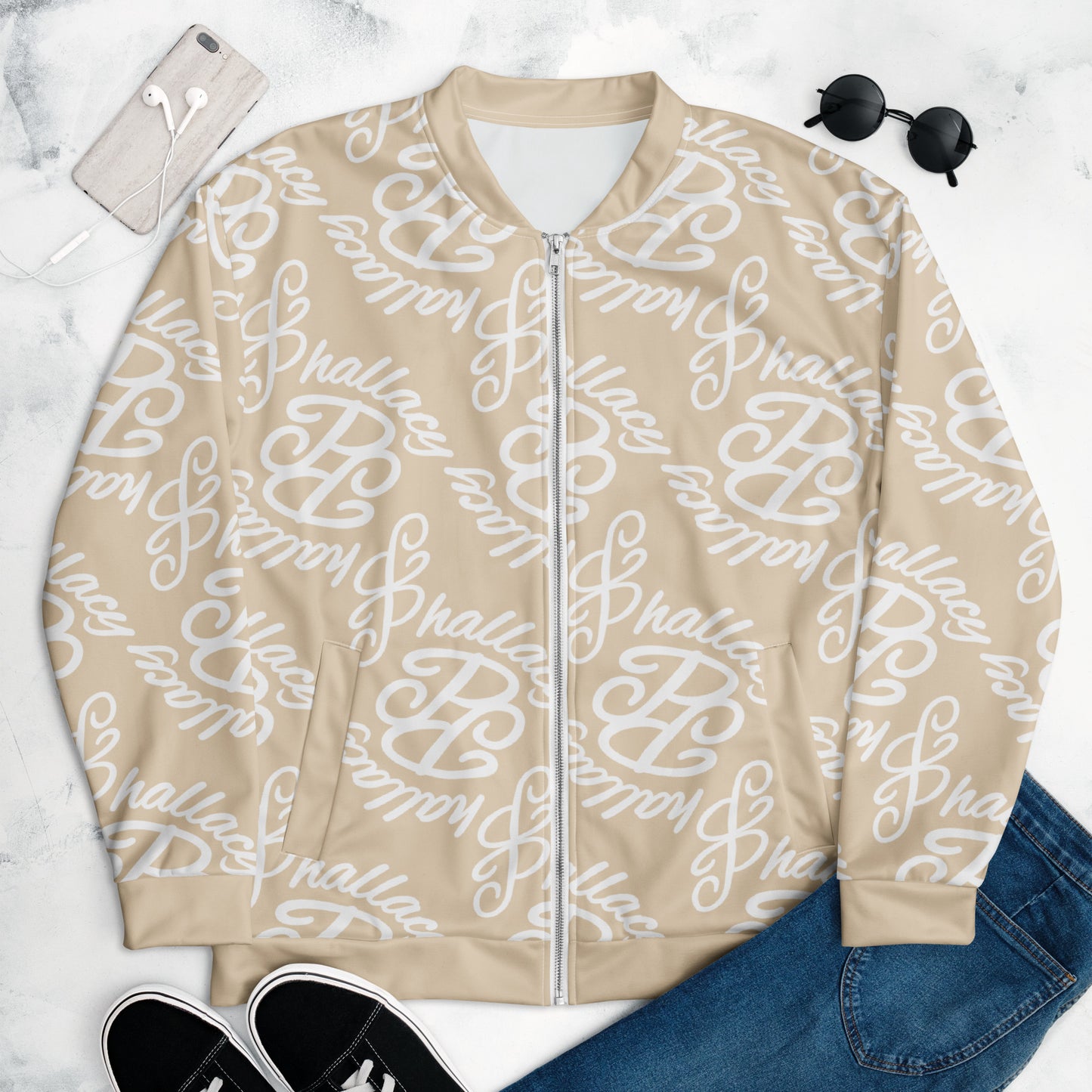 Designer monogram bomber jacket featuring a stylish beige and white print for a trendy look