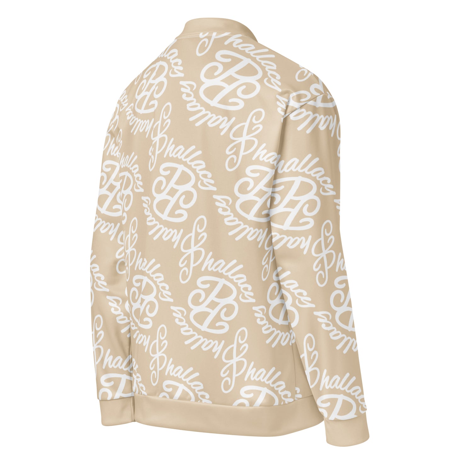 Beige designer monogram bomber jacket featuring a stylish all-over print design