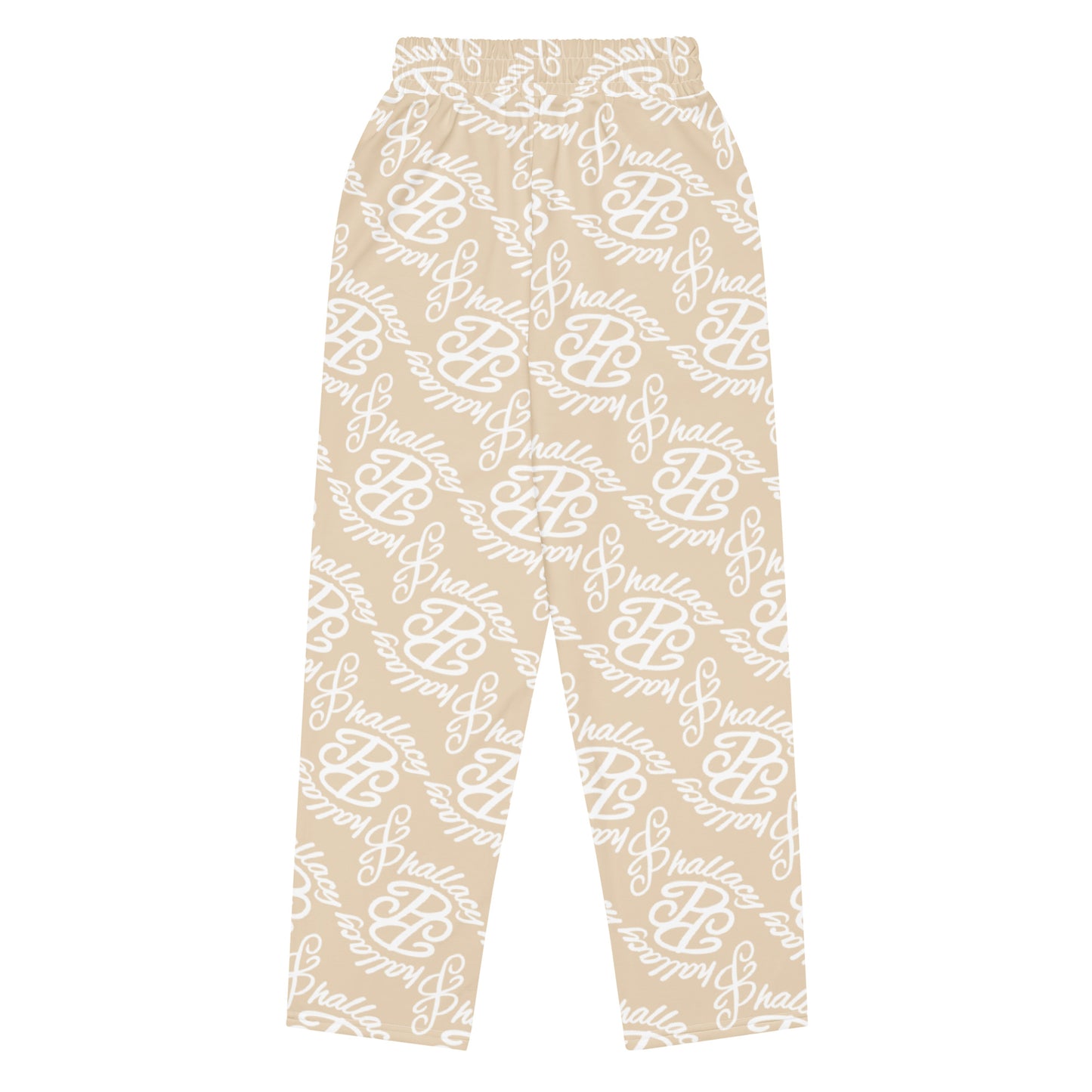 Beige designer monogram wide-leg joggers with all over print design for stylish comfort