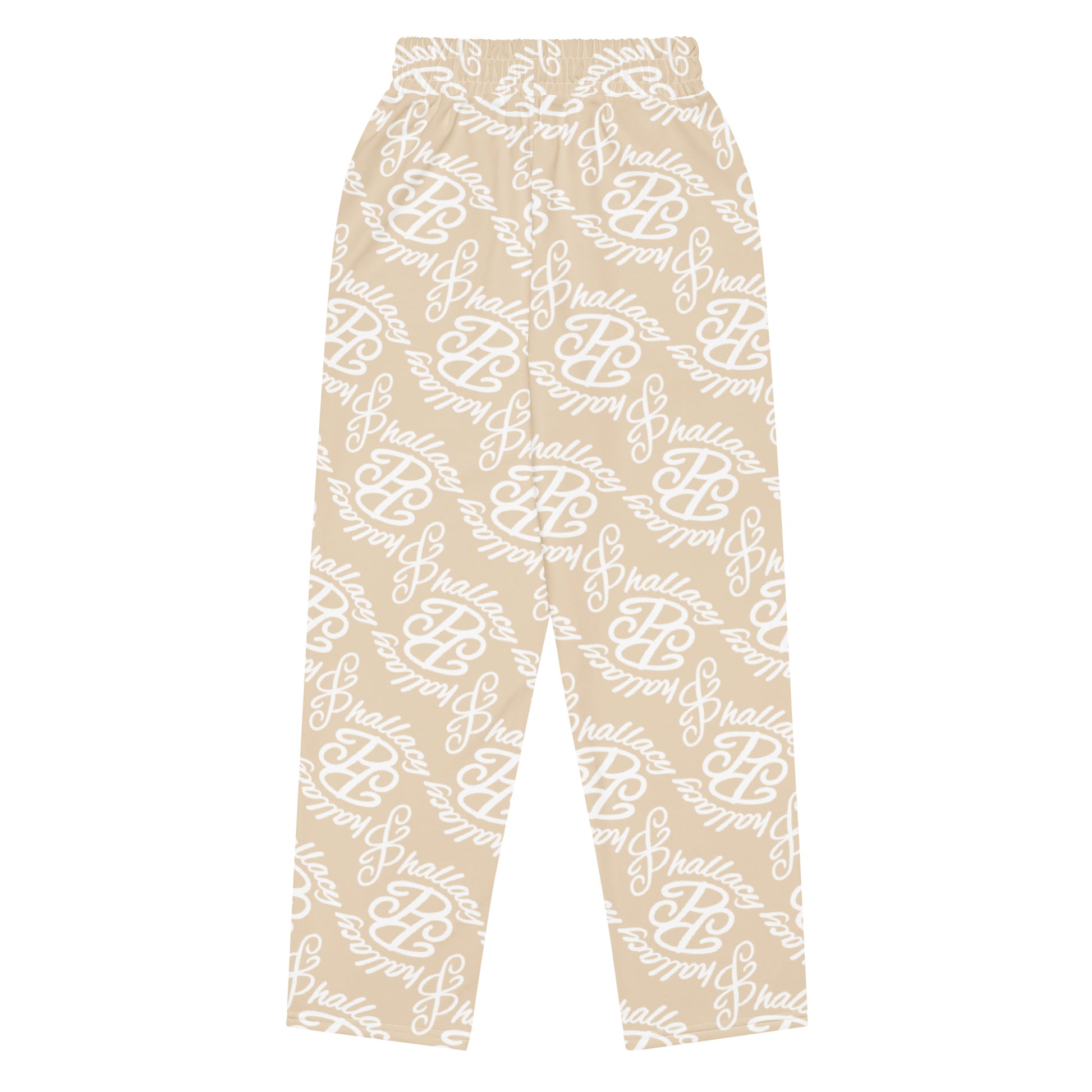 Beige designer monogram wide-leg joggers with all over print design for stylish comfort