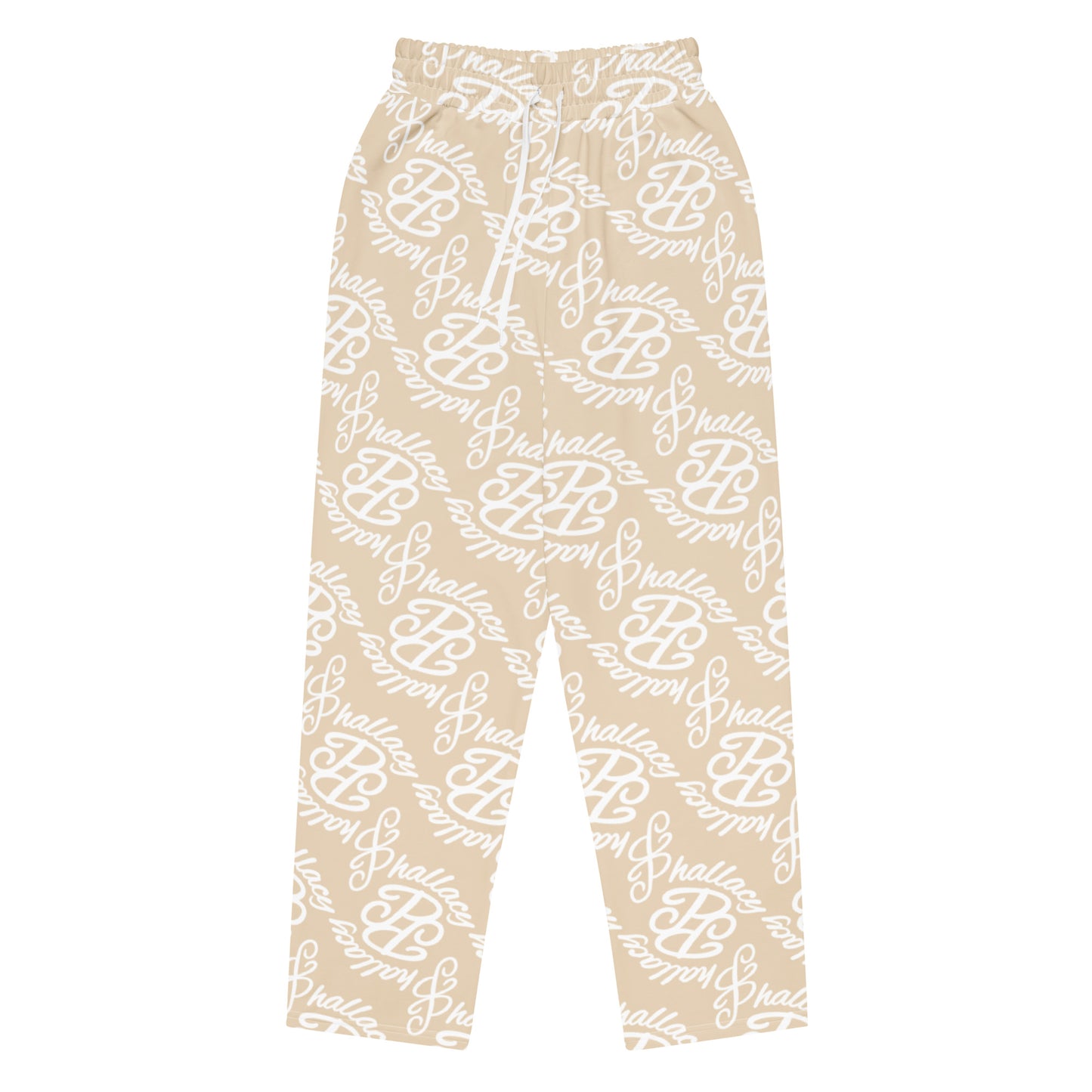 Designer monogram wide-leg joggers in beige with stylish all over print design for comfortable casual wear