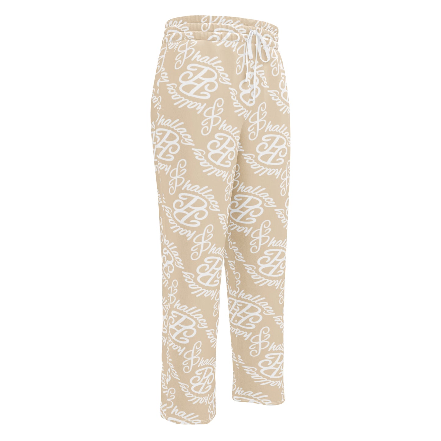 Beige designer monogram wide-leg joggers with stylish white logo print for comfortable fashion