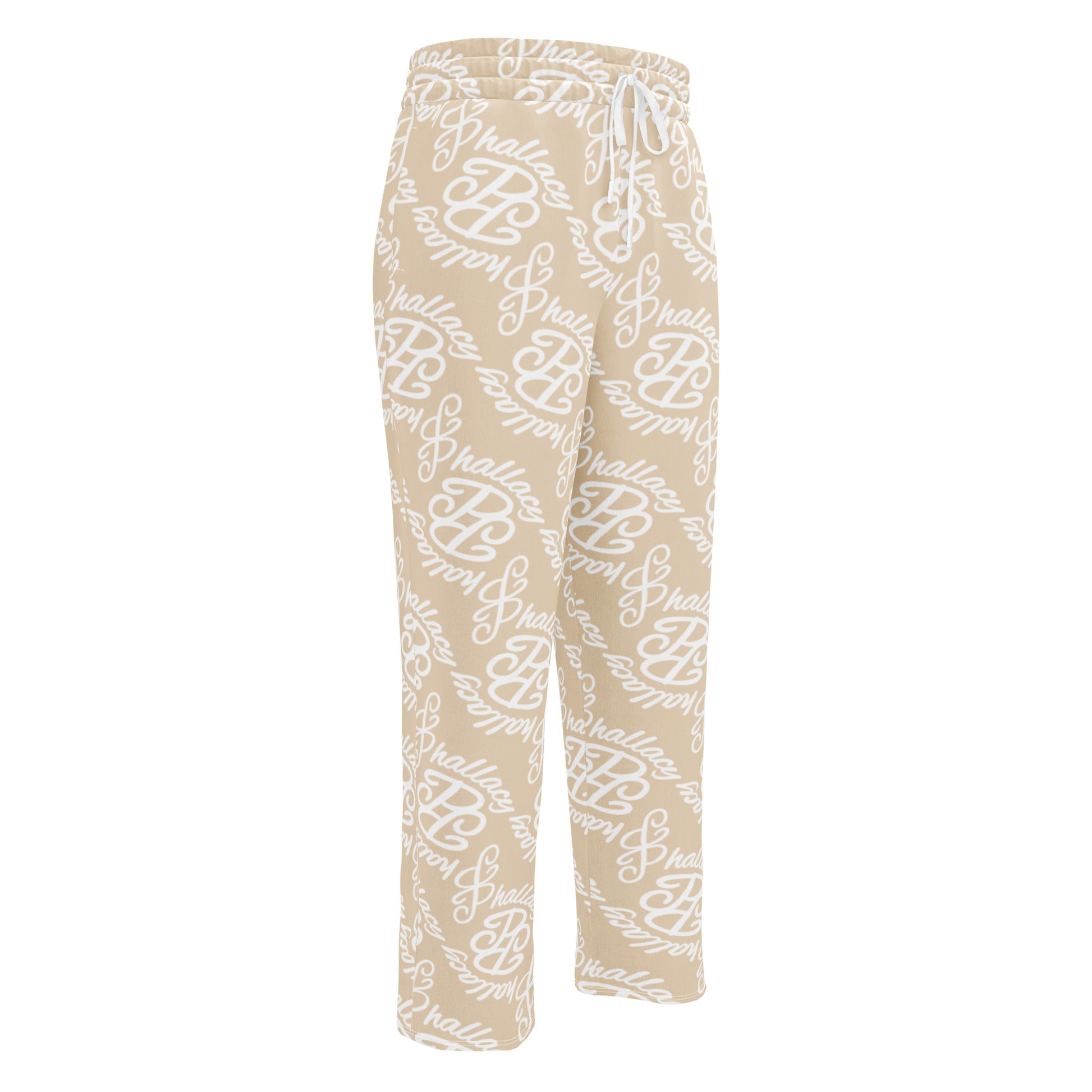 Beige designer monogram wide-leg joggers with stylish white logo print for comfortable fashion