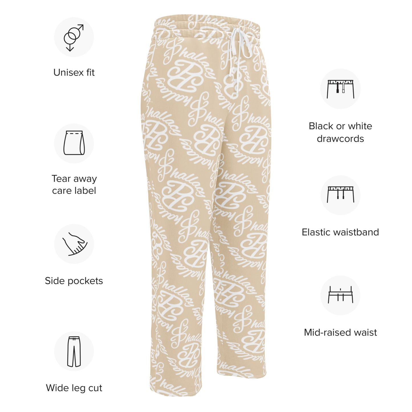 Designer monogram wide-leg joggers with elastic waistband and side pockets in beige print