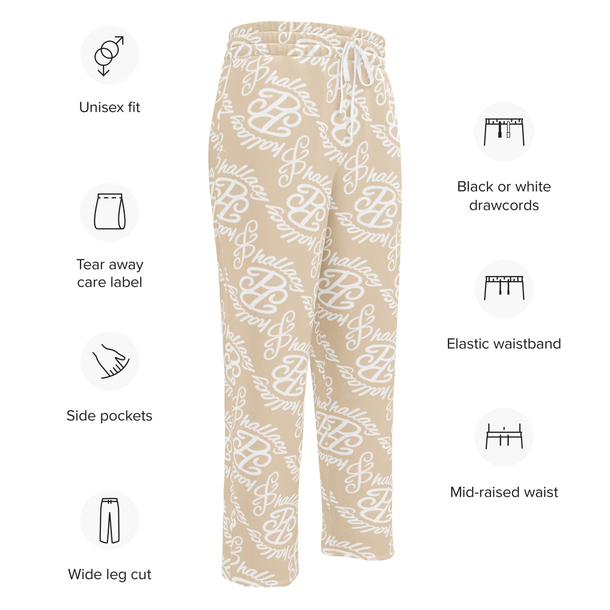 Designer monogram wide-leg joggers with elastic waistband and side pockets in beige print