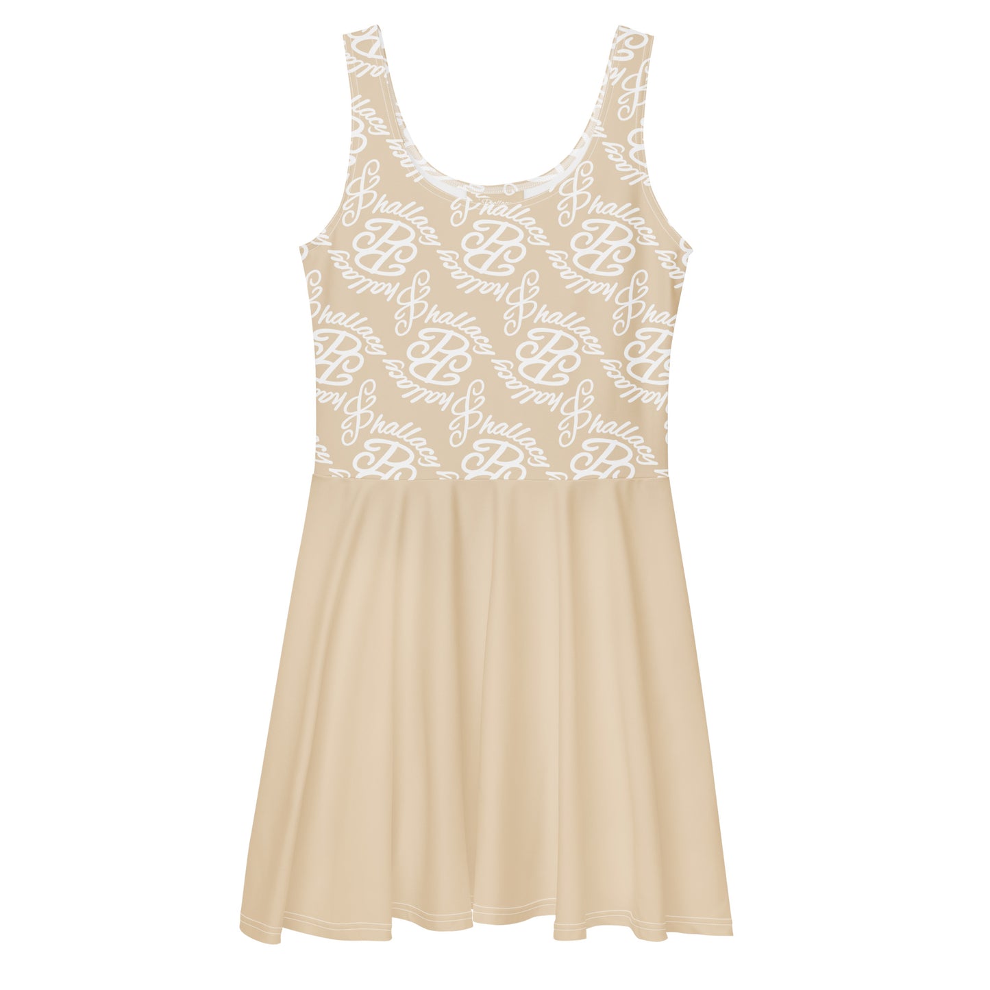 Beige all over print designer skater dress for women with a stylish logo pattern