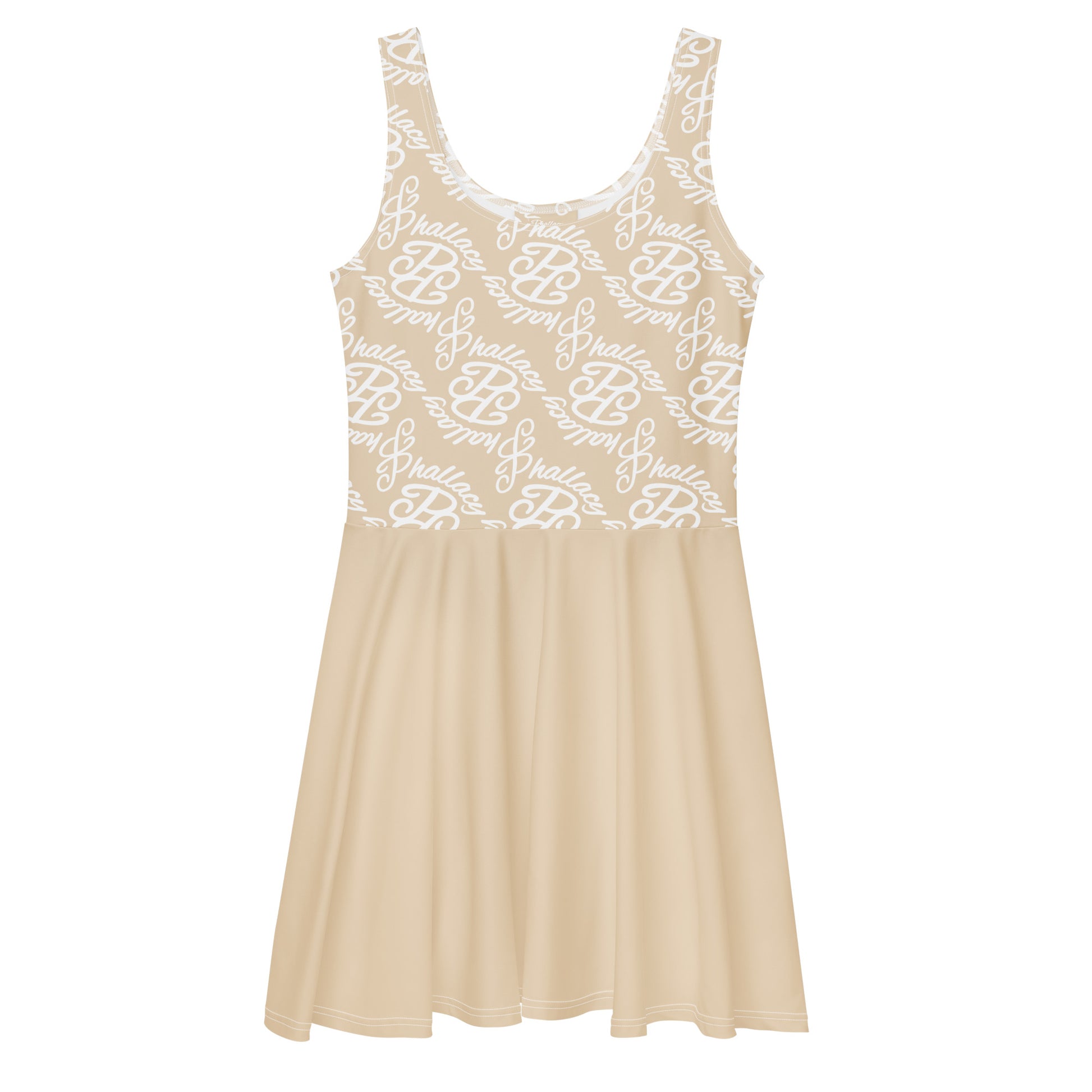 Beige all over print designer skater dress for women with a stylish logo pattern