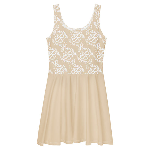 Beige all over print designer skater dress for women with a stylish logo pattern