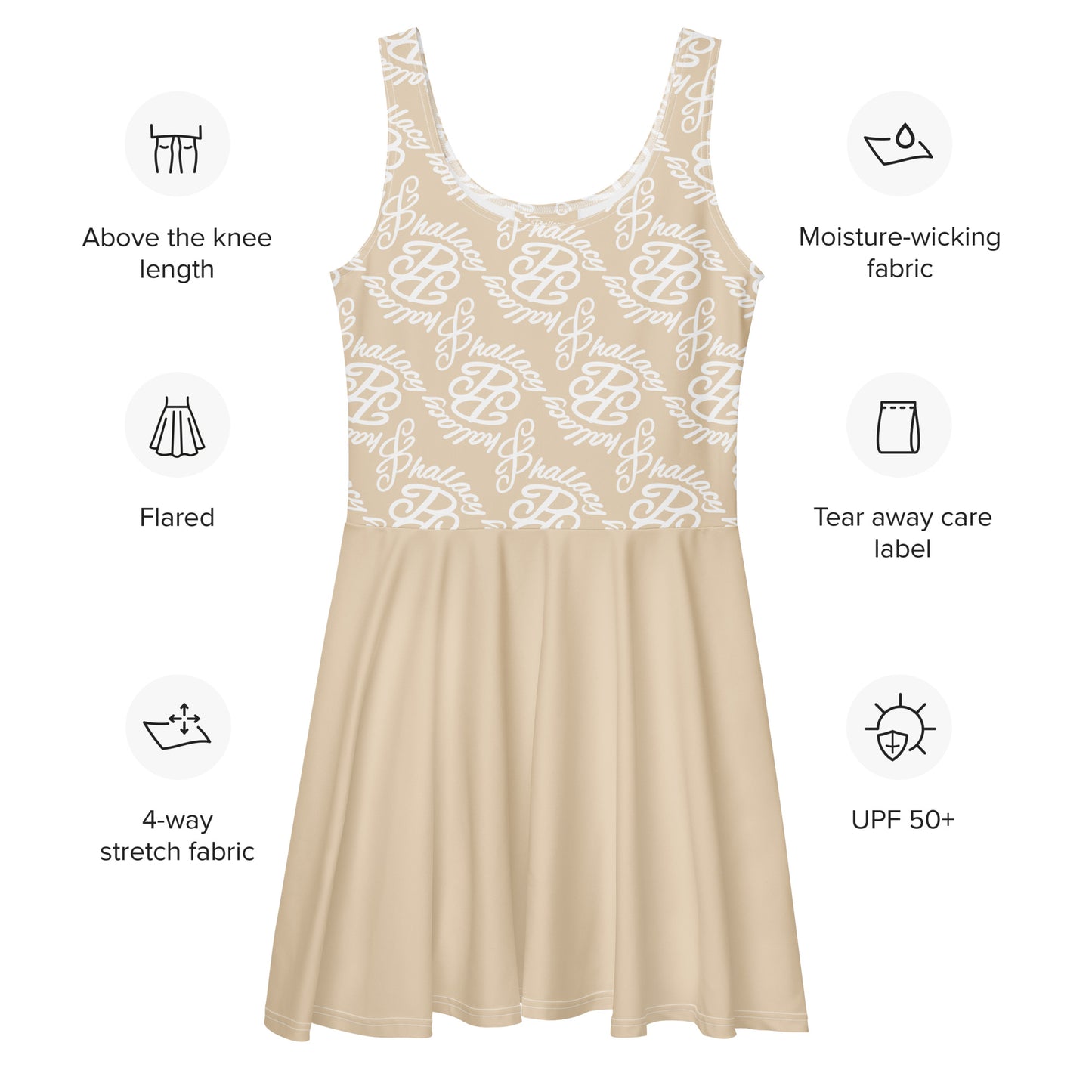 Beige designer skater dress for women with moisture-wicking and stretch fabric features
