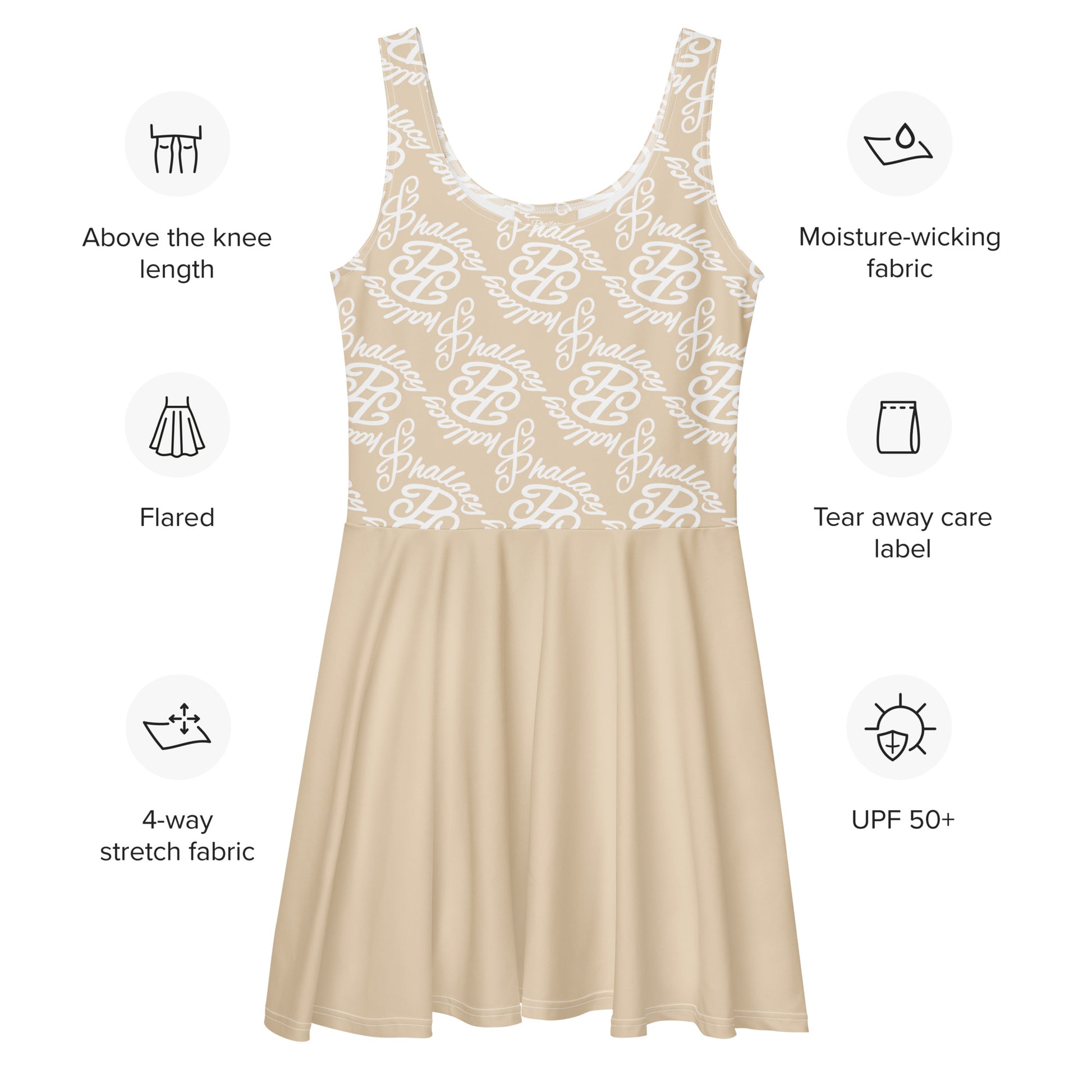 Beige designer skater dress for women with moisture-wicking and stretch fabric features