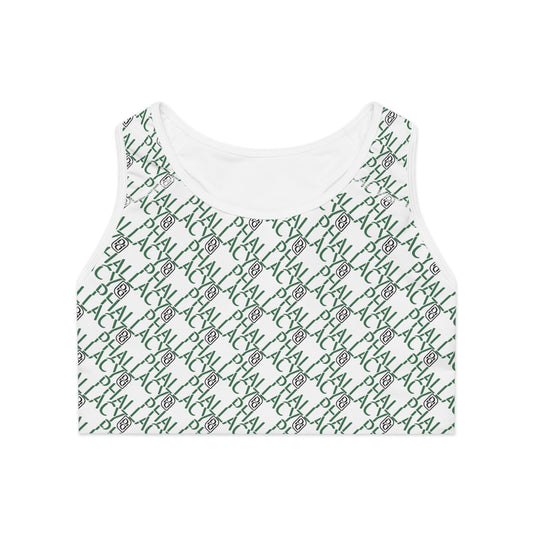 All Over Print Designer Sports Bra in White with Stylish Green Text Pattern for Activewear