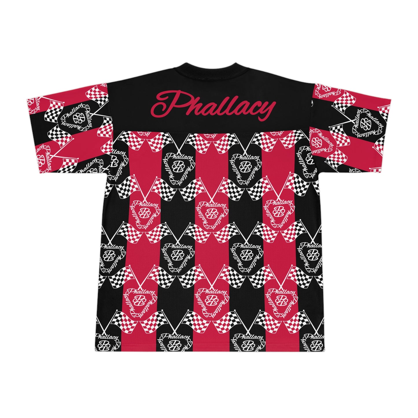 Designer unisex football jersey with bold patterns in black and red featuring unique graphics