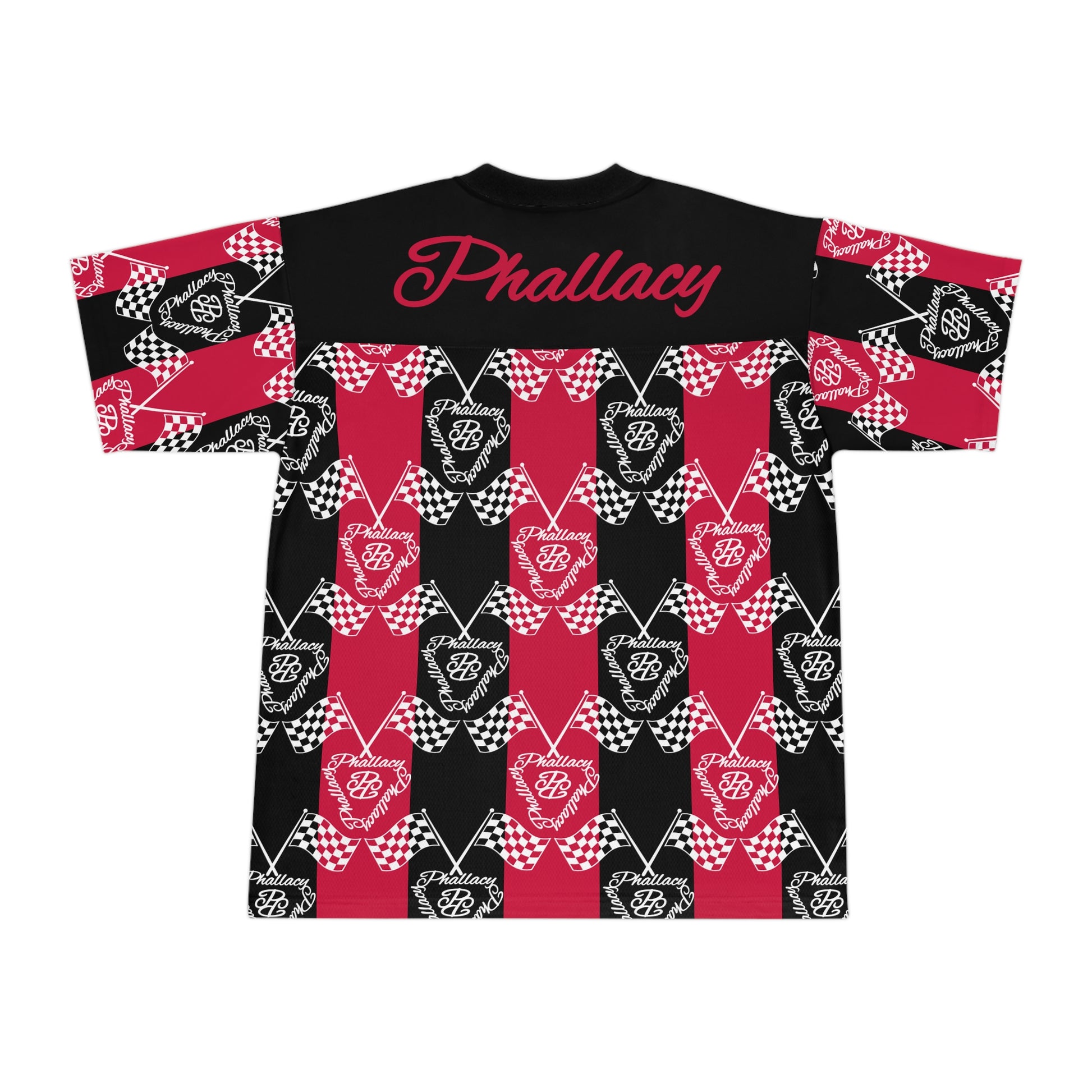 Designer unisex football jersey with bold patterns in black and red featuring unique graphics