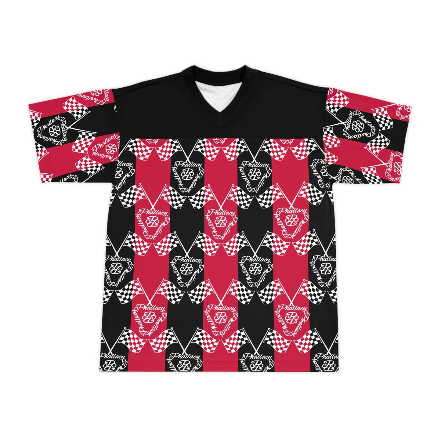 Designer unisex football jersey with a bold all over print featuring checkered patterns in red and black